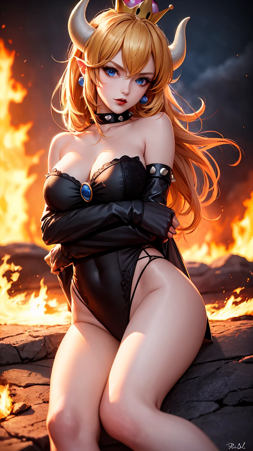 ((high detailed, best quality, 4k, masterpiece, hd:1.3)), ((best quality)), (((HD))), (((8k))), (ultraDH), (ultra HD), Princess Daisy, blue eyes, BREAK blue eyes, seductive, attractive, smooth anime cg art, 36C breasts, long legs, vivid colors, detailed digital art, slim body, perfect skin, dark blonde hair, long hair, blonde hair, blonde hair, BREAK crown, cleavage, 36C cleavage, looking at viewer, BREAK looking at viewer, extremely detailed face, red santa suit, red santa claus suit, santa claus suit, earrings, gem, dark black makeup lips, dark gothic eyeshadows, dark eyeshadows, black eyeshadows, black sexy lips, black lips, (dark:1.2), dark lips, very dark lips, (perfect hands, perfect anatomy), black makeup, black medium lips, black thick lips, detailed fingers, five fingers per hand, 5 fingers, (1 girl), detailed lips, detailed black lips, black painted lips, gothic painted lips, BREAK night, night sky, (breast focus), (arms outstreched:1.2), (from above:1.1), (breasts out:1.3), (off shoulder:1.1), (white horns), (bra), inside a lava castle, she inside a sea of lava, she bathing in lava,