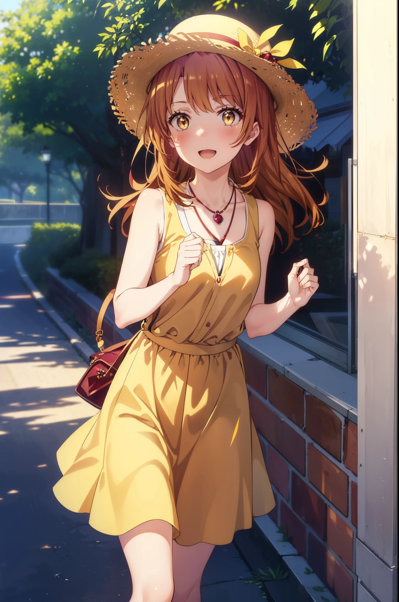 irohaisshiki, Isshiki Iroha, Long Hair, Brown Hair, (Brown ruby eyes:1.5), Sleeveless yellow dress,Yellow long skirt,Bare neck,Locket Necklace,Cute Sandals,Straw hat,happy smile, smile, Open your mouth,Daytime,Clear skies,True Summer,whole bodyがイラストに入るように,Walking,
break outdoors ,公園
break looking at viewer,whole body,
break (masterpiece:1.2), highest quality, High resolution, unity 8k wallpaper, (shape:0.8), (Beautiful and detailed:1.6), Highly detailed face, Perfect lighting, Highly detailed CG, (Perfect hands, Perfect Anatomy),