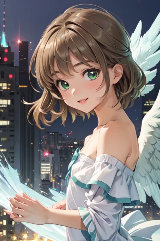 masterpiece, best quality, ultra detailed, highres, extremely detailed CG unity 8k wallpaper, perfect lighting, very detailed background, beautiful and aesthetic,sharp focus, perfect face, dynamic pose, dynamic angle,
Perfect hands、Perfect Fingers、Perfect toes、Five fingers、
1girl, upper body, (portrait:1.1), looking at viewer, full-face blush, from side, from below, smile,Open your mouth、Pink Lips、
night、Megacity、building、
light blue Dress、
(Shoulder Bare:1.5)、(Off the shoulder:1.4)、(flat chest:1.4)、
light brown hair、(Green Eyes:1.4)、
Cardcaptor_Sakura、