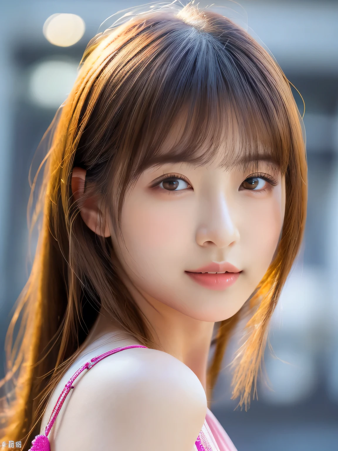 ((cute little japanese girl、Beautiful japanese girl、1 girl in、age19、poneyTail、Highly detailed facial and skin texture、refinement、hyperdetailed face、ultradetailed eyes、blusher、blush、teak、cheeks painted with pink teak、close-up of woman、bustup、face facing the true frontage、Looking at the camera、frontage、cute little、smooth white skin、Transparent skin texture、))、(dark brown  hair、bangss)、Beautiful Women in Perfect Style：1.4、Japan models、Young gravure idols、Young cute little gravure idol、Realistic Young Gravure Idol、sophisticated gravure idol、((top-quality、in 8K、​masterpiece:1.3))、(4K、RAW Photography、top-quality)、(reallistic、photorealistic:1.37)、Place a person across the screen、natural soft light、upper body and head、refinement、