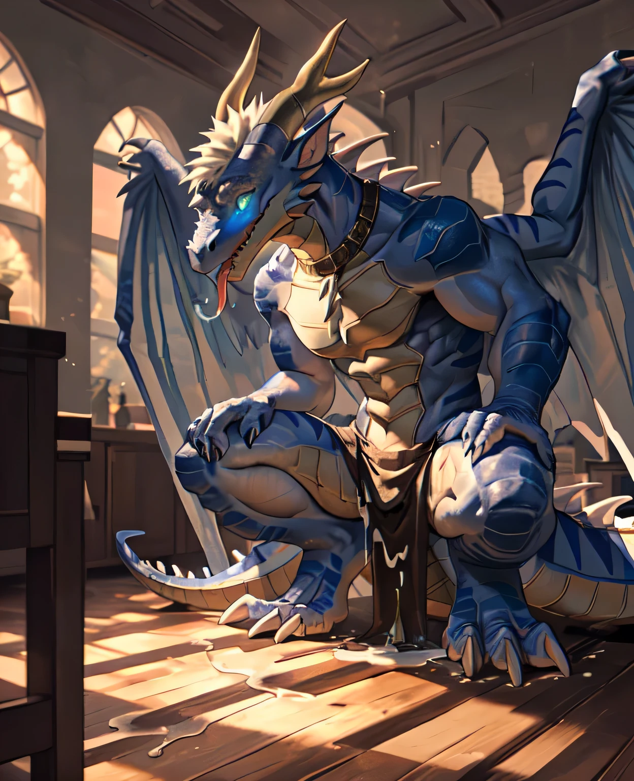 Solitary, (muscular), (Male human dragon):1.3, Bright scales, (Kamiaki):1.3, (Common:1.4) (pray):1.23, (，Wearing a short white loincloth）, Exquisite eyes, Lizard Tail,A pair of dragon horns, A pair of dragon wings, (Exquisite eyes，stripe，Sharp claws，Cute animal paws，Sticking out tongue，Sloppy person，Liquid splashed all over the body，Leakage in the lower body，Fluid leaking from the lower body，Milk spilled all over the floor，Glowing eyes):1.1, (in the room:1.35), In the bedroom，Squatting on the bed，dim，Being licked，enjoy，obsessed， My face turned red，collar，Submit to，Caress，drunk，Smile，enjoy，looking at camera，Submit to，having fun，Detailed background，Realistically，Realistic hands，8k High Dynamic Range，（shadow，Wide dynamic range，High Dynamic Range，emphasize：1.2）