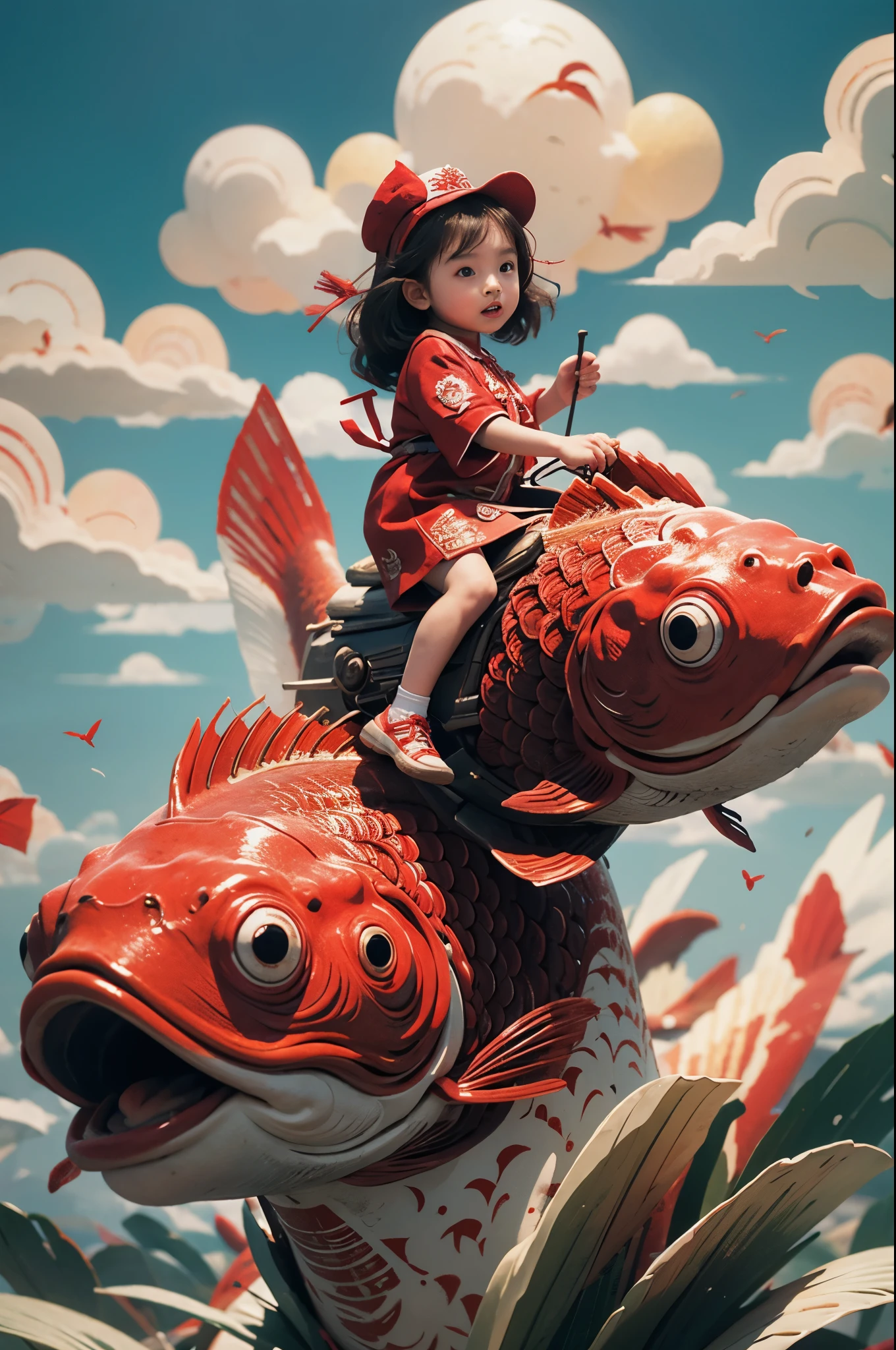 1girl,red fish,kid,chinese clothing,masterpiece,best quality,ultra-detailed,riding,