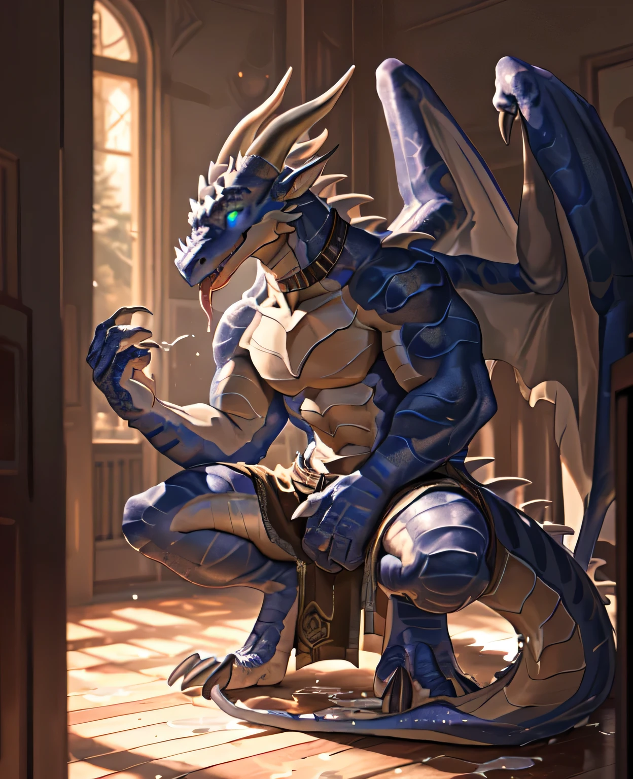 Solitary, (muscular), (Male human dragon):1.3, Bright scales, (Kamiaki):1.3, (Common:1.4) (pray):1.23, (，Wearing a short white loincloth）, Exquisite eyes, Lizard Tail,A pair of dragon horns, A pair of dragon wings, (Exquisite eyes，stripe，Sharp claws，Cute animal paws，Sticking out tongue，Sloppy person，Liquid splashed all over the body，Leakage in the lower body，Fluid leaking from the lower body，Milk spilled all over the floor，Glowing eyes):1.1, (in the room:1.35), In the bedroom，Squatting on the bed，dim，Being licked，enjoy，obsessed， My face turned red，collar，Submit to，Caress，drunk，Smile，enjoy，looking at camera，Submit to，having fun，Detailed background，Realistically，Realistic hands，8k High Dynamic Range，（shadow，Wide dynamic range，High Dynamic Range，emphasize：1.2）