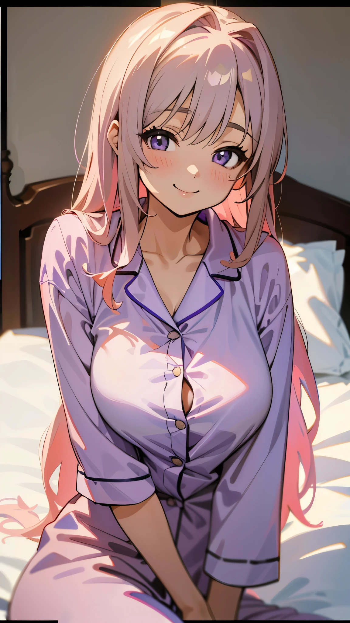 18-year-old girl sitting on bed、alone、Anime style painting、Wearing pajamas、beautiful purple beautiful eyes, Light khaki long hair, Big and ample breasts、smile、smile、The soft texture of pajamas、Upper body close-up、Colors based on pink and white、Background Blur、Depth of the drawn border