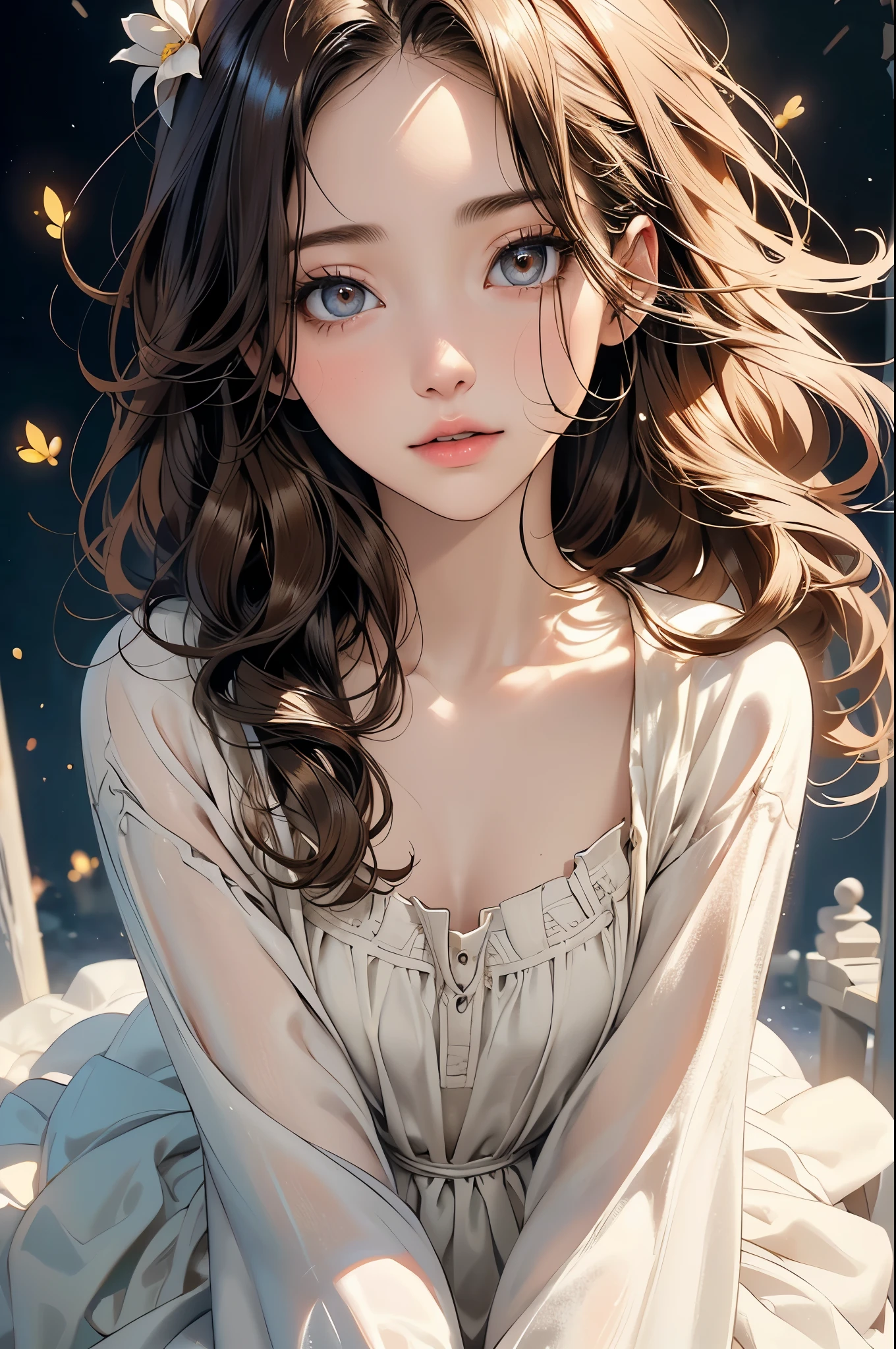 ((Biologically correct limb count))、(( A full-body illustration from toes to face))、4K、Masterpiece、((Eyes with delicate depictions、Detailed depiction of faces、Focus on the face))、((Symmetrical, well-proportioned facial features))、Beautiful woman、Outstanding style、Beautiful clavicle、Beautiful legs、Beautiful Hands、Slender Body、(shirt、skirt、High heels)、Looking up、High angle、The background is a beautiful park with flowers、((Walking posture))、Brown Hair、(((Close-up photo of the upper body)))