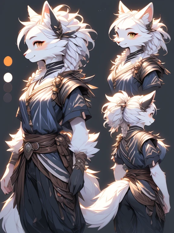 ( Absurdly , High quality , ultra detailed ) ,( hand detailed ) , 1girl, solo, mature, (concept art, character sheet), absurdres(highly detailed beautiful face and eyes)perfect anatomy Solo, sfw, Young Female white fox-cat (((lean-body))) (((medium breasts))) (short snout),(((fur (black stripe) between neck and shoulder towards chest))) ((fur (black stripes) on waist))(ears are darker), (heterochromia (orange, violet)), (cat tail (black at end)), (white hair (single-braided)), (fantasy adventure type clothing ((violet shirt)), (navy-blue belt) khaki pants)), happy ((looking at viewer)) (detailed eyes) (clevedge, (collarbone, shoulders), (solo, (1girl)) ((((fluffy white fur)))) ((extremely detailed fur)) (violet shirt) ((hair in face)) (big braid), sfw, (thin long tail) (heterochromia) (extremely detailed eyes) joyful (((concept art, character sheet, (multiple views)))) ((adventure fantasy clothing)) ((wild hair))