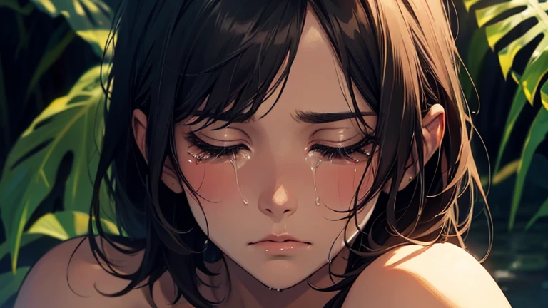 WOMAN CRYING, sad face, close up, tropical, cinematic, painting