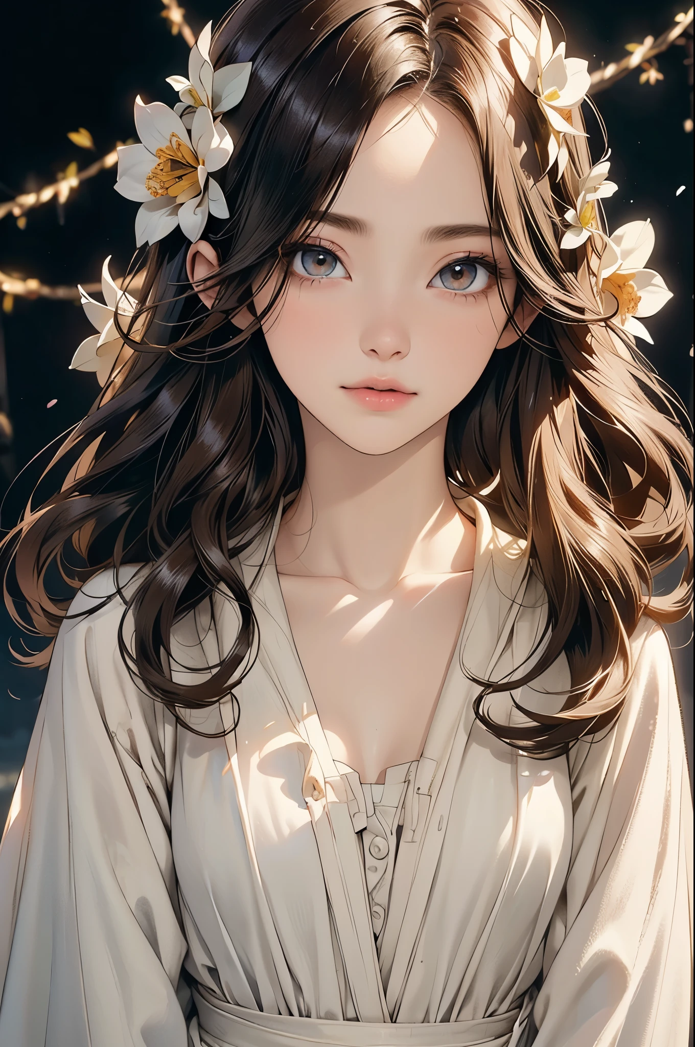 ((Biologically correct limb count))、(( A full-body illustration from toes to face))、4K、Masterpiece、((Eyes with delicate depictions、Detailed depiction of faces、Focus on the face))、((Symmetrical, well-proportioned facial features))、Beautiful woman、Outstanding style、Beautiful clavicle、Beautiful legs、Beautiful Hands、Slender Body、(shirt、skirt、High heels)、Looking up、High angle、The background is a beautiful park with flowers、((Walking posture))、Brown Hair、(((Close-up photo of the upper body)))