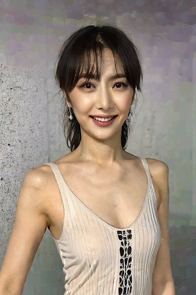 NSFW, One beautiful woman, high resolution, wallpaper 8K screen, top quality, realistic, super detailed, fine, perfect dynamic composition, 62 years old, (mature woman: 1.2), seductive appearance, (many wrinkles on the face: 1.4 ), (large neckline transparent one-piece dress: 1.4), sharpness, detailed and beautiful eyes, short hairstyle, thin hair, detailed and realistic skin texture, smile, slender body shape with small breasts,