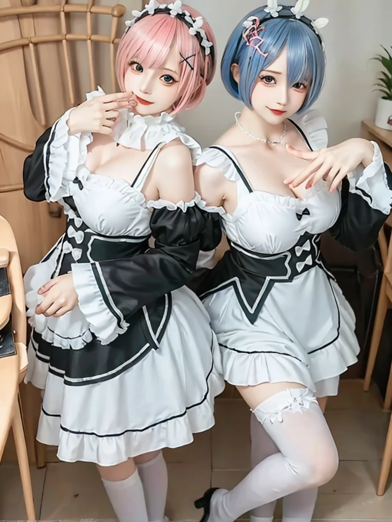 Accurate depiction with high resolution,(8K, Photorealistic, Raw photo, of the highest quality: 1.3), (1girl in), Super beautiful, (Realistic face), (boyish, pink Color Berry Shorthair), Beautiful , Glare that captivates the viewer, Beautiful expression, Beautiful , (Realistic skin), Be...Create a detailed and colorful image of Ram and Rem from Re:Zero, standing back-to-back in their maid outfits, with a magical fantasy background、14yearsirls,cute, perfect face, beautiful, nice body, gothic lolita clothes, goolita fashion, frilly sheaddress, necklace, bracelet, knee-high socks, boots, double eyelids, tear bags, Detailed down to the fingers, photo-like description, indoors, dim indoor lighting, one girl is pink hair and short bob, another girl is light blue haind short bob,standing,whole body, composition that shows the whole body, smiling,The Both of them are wearing the same type of maid outfit,Optimal ratio of 4 fingers and 1 thumb