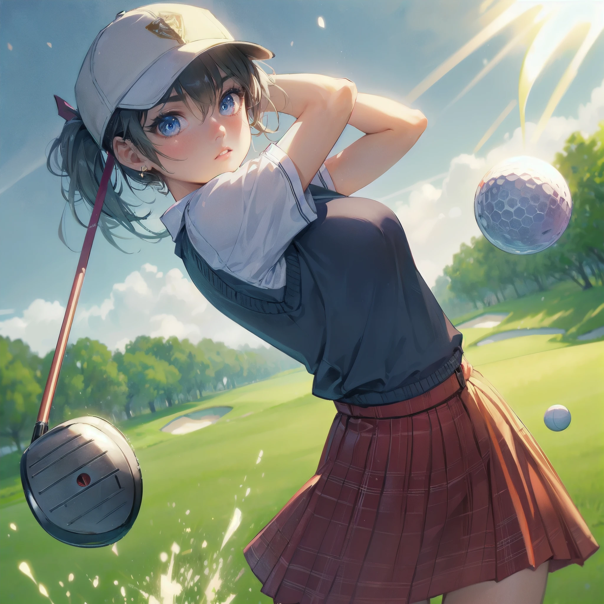 high quality,HD,16k,sharp lines,1 girl,Female golf athlete ,cute face, large breasts, nice legs,At the golf venue,focus girl,detailed beautiful face,detailed clothes,beautiful eyes,cool,dynamic angle