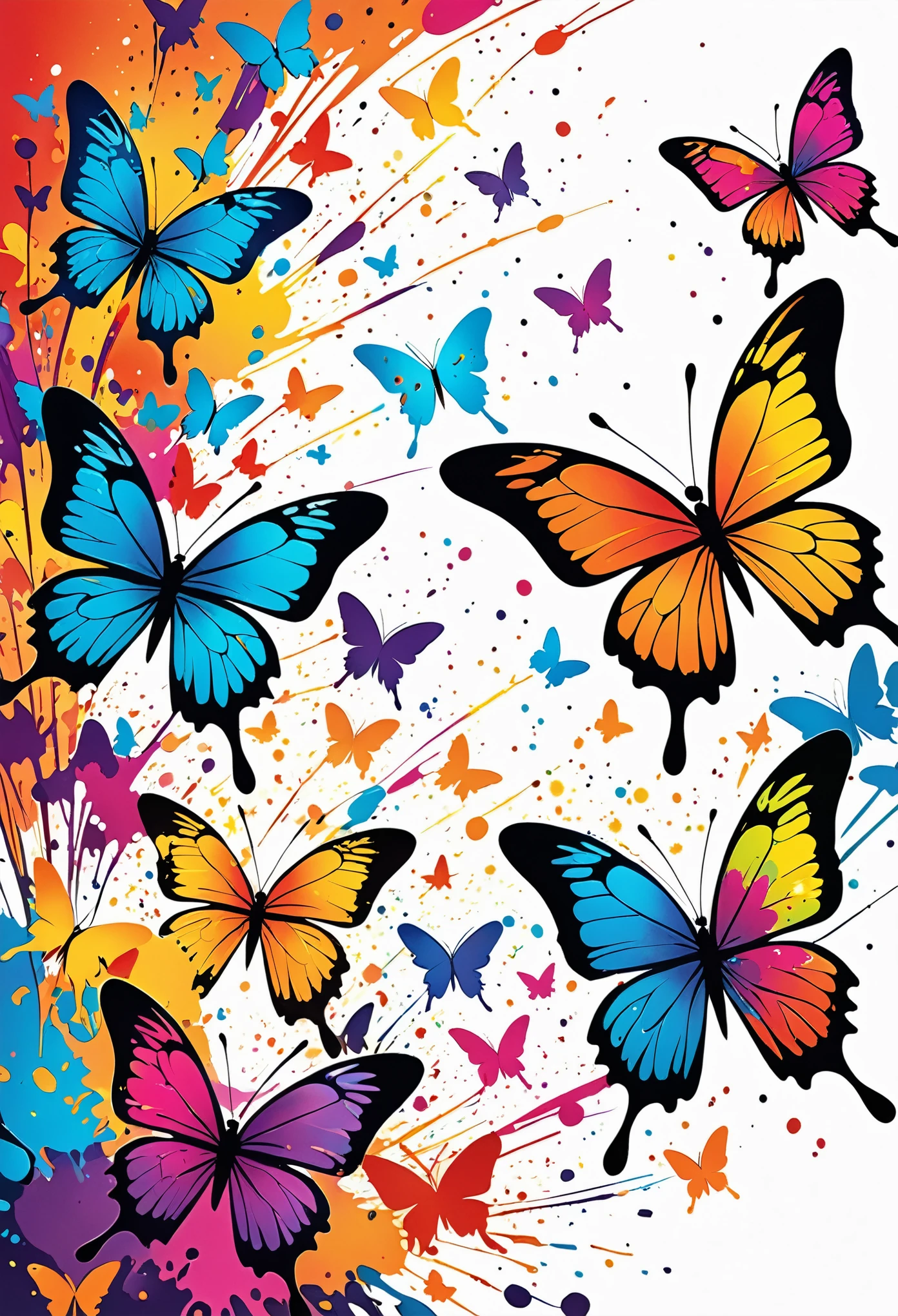 Vector Art, Colorful illustration with lots of cartoon butterflies, In the center, Vibrant colors, Paint splatters and stains, High Detail, White background