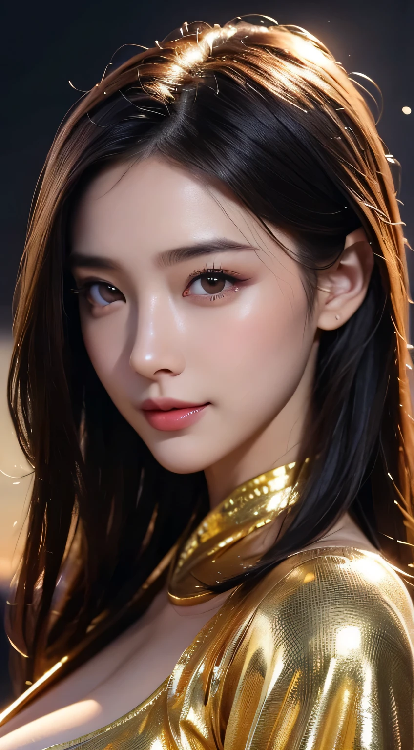 Kimono beauty, body portrait, 8k, thin and beautiful eyes, Dindal effect, masterpiece, top quality, high quality, high resolution, very detailed photo, (natural skin texture, fine skin, hyper realism, super sharpness) , high detail skin, (very fine, fine skin texture, intricate details, beautiful face, (real-like face), realistic eyes, beautifully detailed eyes, realistic skin, beautiful skin, surreal, Highly detailed, golden ratio, smiling eyes, ((night moonlight background)), body portrait, G cup, big breasts, huge breasts, big breasts, glamorous, shiny bodysuit
