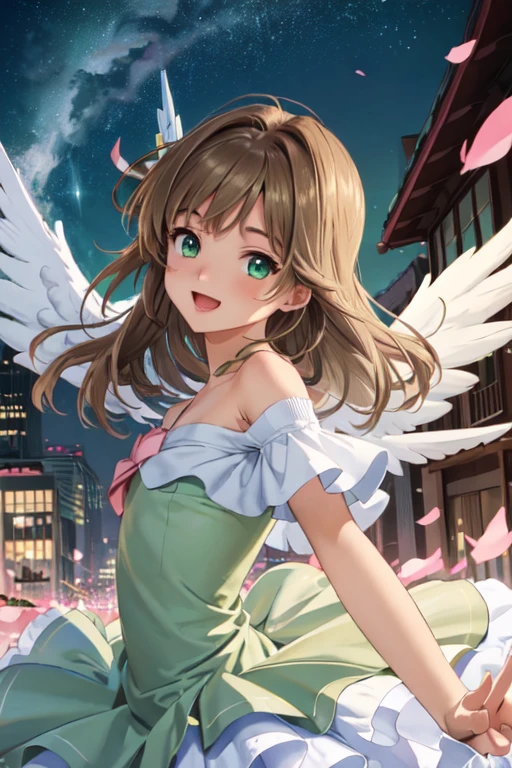 masterpiece, best quality, ultra detailed, highres, extremely detailed CG unity 8k wallpaper, perfect lighting,  very detailed background, beautiful and aesthetic,sharp focus, perfect face, dynamic pose, dynamic angle,
Perfect hands、Perfect Fingers、Perfect toes、Five fingers、
1girl, upper body, (portrait:1.1), looking at viewer,  full-face blush, from side, from below, smile,Open your mouth、Pink Lips、
night、Megacity、building、
light blue Dress、
(Shoulder Bare:1.5)、(Off the shoulder:1.4)、(flat chest:1.4)、
light brown hair、(Green Eyes:1.4)、
Cardcaptor_Sakura、