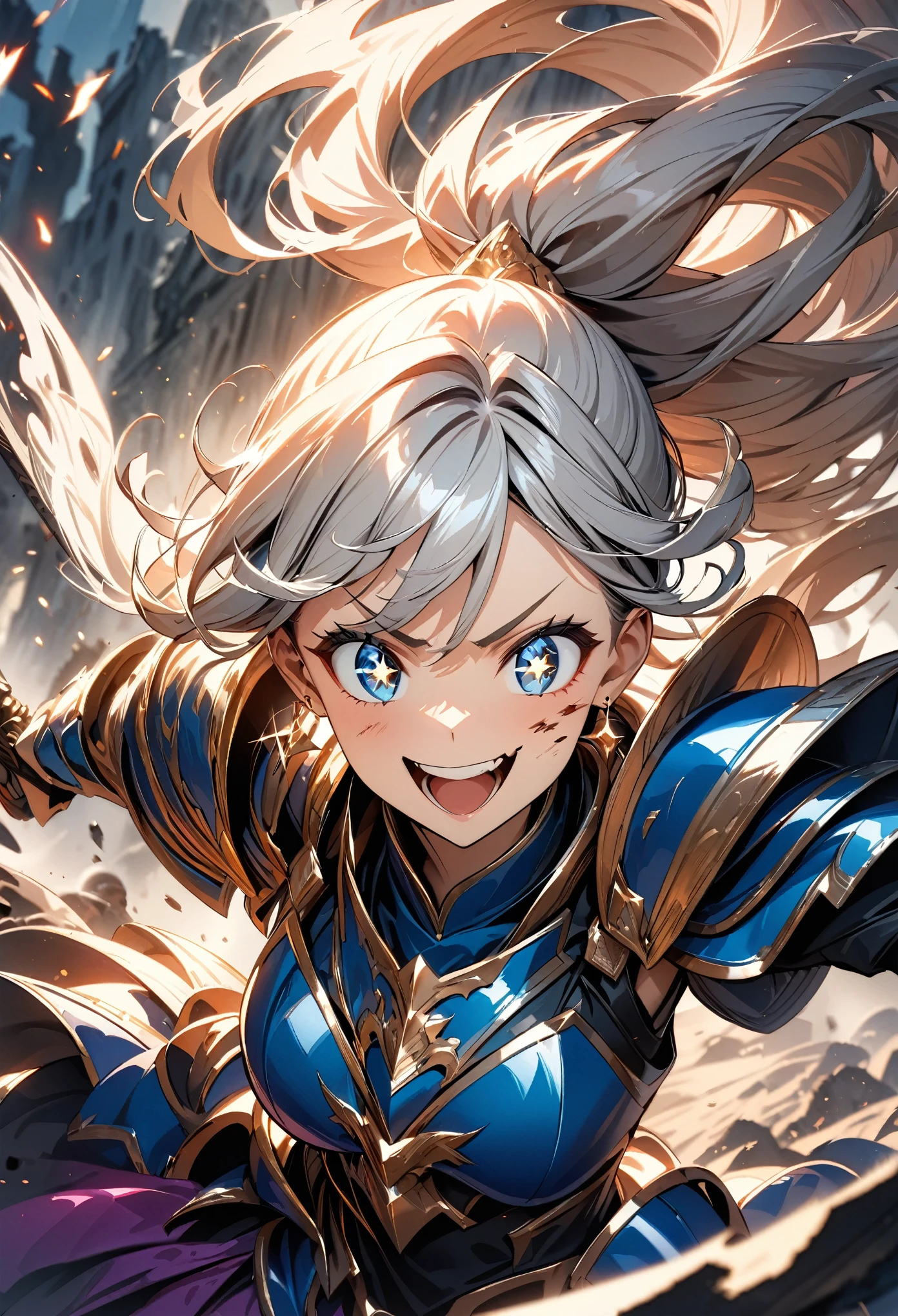 (highest quality:1.2, Very detailed, Latest, Vibrant, Ultra-high resolution, High Contrast, masterpiece:1.2, highest quality, Best aesthetics), (((1 girl))), Woman wielding a large sword, Luxurious Armor, Flowing Hair, Intense expression, Intense battle scenes, Dramatic lighting, Bright colors, Powerful strokes, Silver Hair, High ponytail, Wavy Hair, blue eyes, jewelry, Earrings, (((Detailed Eye Expression:1.2, Beautiful Skin, Detailed facial expressions))), Flowing Hair, (crazy smile, sparkling eyes), Heroic figures, Detailed armor and weapons, Dynamic pose, War-torn landscape background