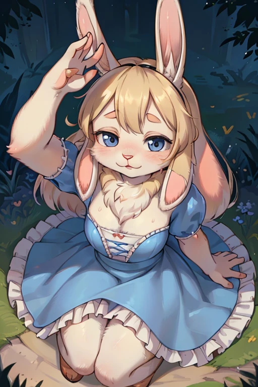 hairy Holland Lop , (realistic hairy rabbit fur:1.5) , round face , (tilt face:1.2) , (half-open eyes:1.5) , moist round eyes , Swollen cheeks , Maternal love , glossy lips , princess dress , Alice in Wonderland , twilight , gesture are elegant , dynamic angle , from above