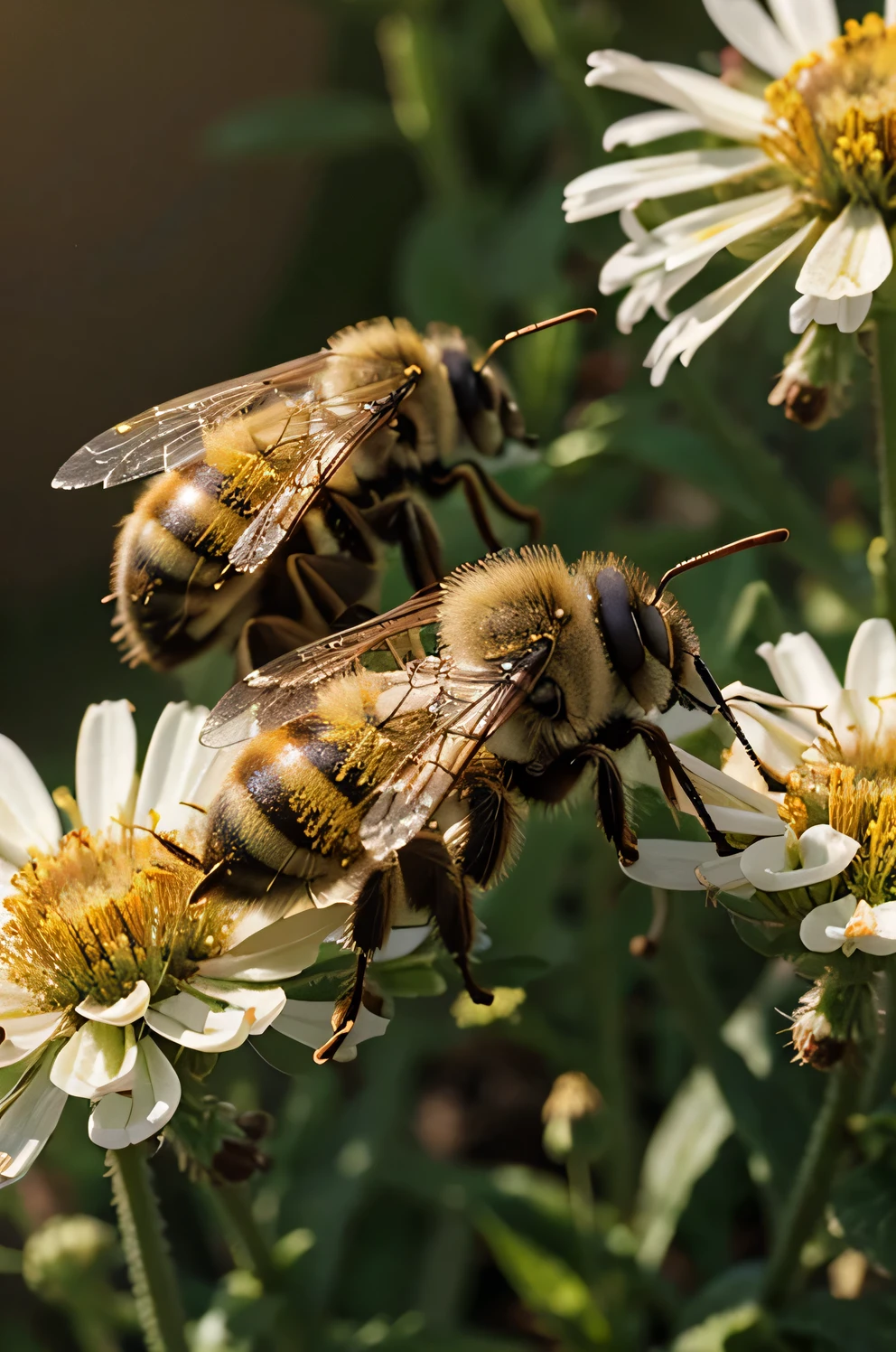 bee flies with pollen , hyper detail, hyperrealism, professional photo, Bright lighting, against the background of a meadow, macro photography