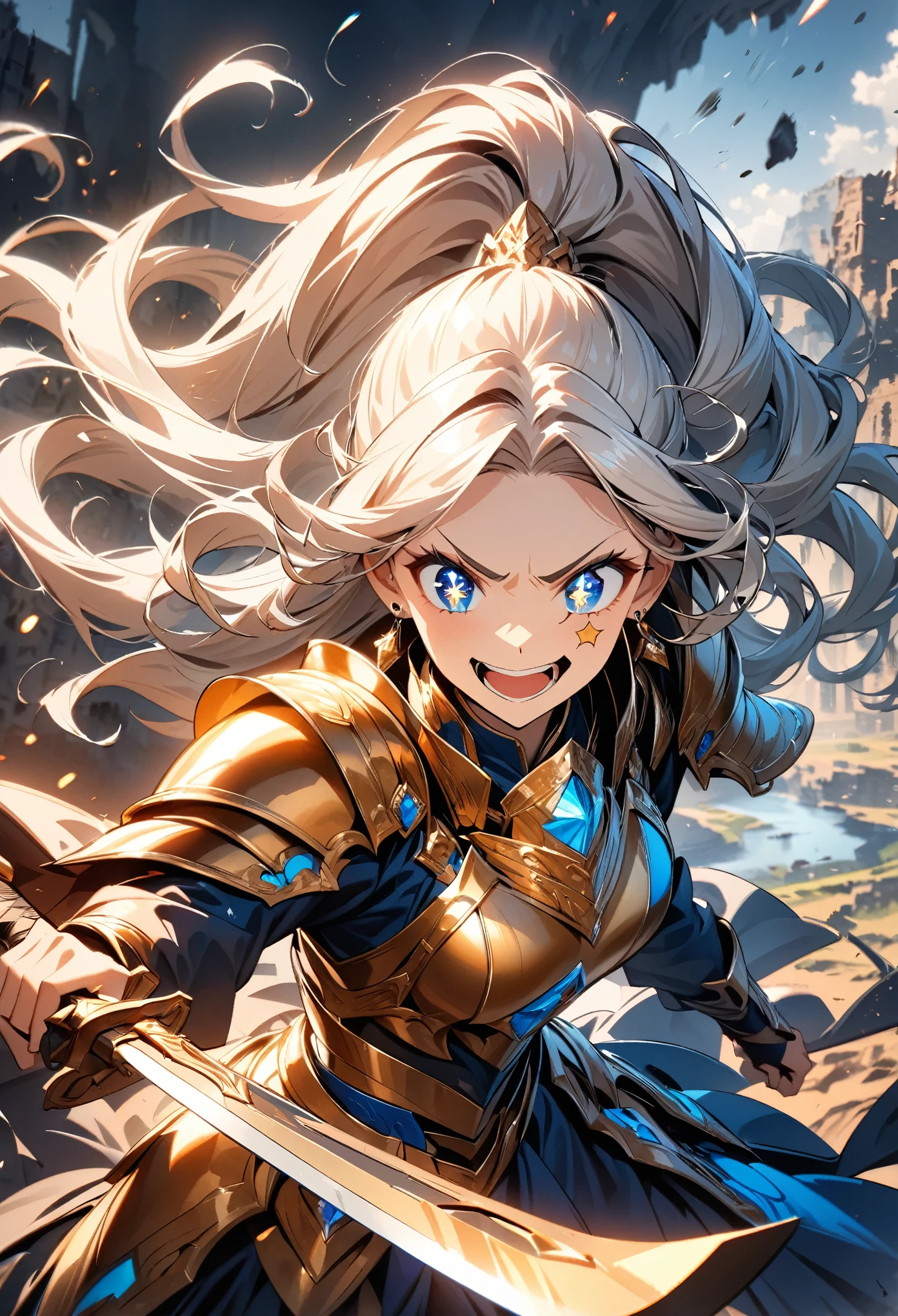 (highest quality:1.2, Very detailed, Latest, Vibrant, Ultra-high resolution, High Contrast, masterpiece:1.2, highest quality, Best aesthetics), (((1 girl))), Woman wielding a large sword, Luxurious Armor, Flowing Hair, Intense expression, Intense battle scenes, Dramatic lighting, Bright colors, Powerful strokes, Silver Hair, High ponytail, Wavy Hair, blue eyes, jewelry, Earrings, (((Detailed Eye Expression:1.2, Beautiful Skin, Detailed facial expressions))), Flowing Hair, (crazy smile, sparkling eyes), Heroic figures, Detailed armor and weapons, Dynamic pose, War-torn landscape background