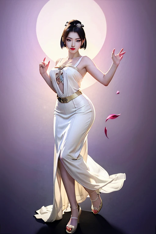 Narrow eyes, 1 girl, all white, expressionless, bob, bob, forehead, relief, black hair, bob, solo, cowgirl, transparent one-piece, ((extremely voluptuous breasts)), narrow slit eyes, black eyes, sparkling light eyes , black hair, gloves, dress, luxurious jewelry, earrings, piercing eyes, elbow grooves, hands raised and hair tied back, random color, random color mesh dress, long eye makeup, narrow eyes, smile, lipstick, intricate petals Pattern, rim light, backlight, pastel color, studio lighting, ((half body)), (full body)