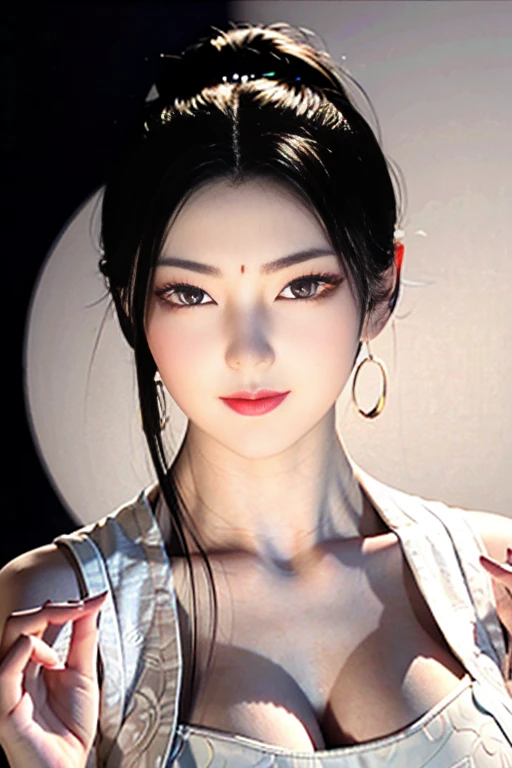Narrow eyes, 1 girl, all white, expressionless, bob, bob, forehead, relief, black hair, bob, solo, cowgirl, transparent one-piece, ((extremely voluptuous breasts)), narrow slit eyes, black eyes, sparkling light eyes , black hair, gloves, dress, luxurious jewelry, earrings, piercing eyes, elbow grooves, hands raised and hair tied back, random color, random color mesh dress, long eye makeup, narrow eyes, smile, lipstick, intricate petals Pattern, rim light, backlight, pastel color, studio lighting, ((half body)), (full body)