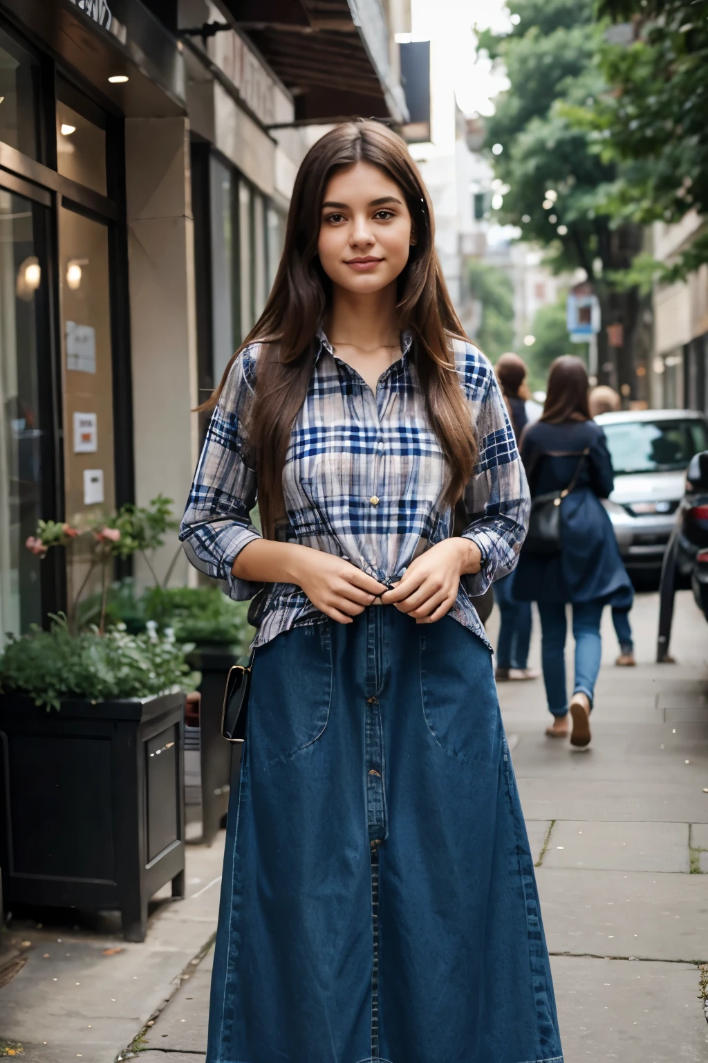 A women standing in a row wearing flannel shirts, real faces, jeans trousers,Dress neatly and elegantly