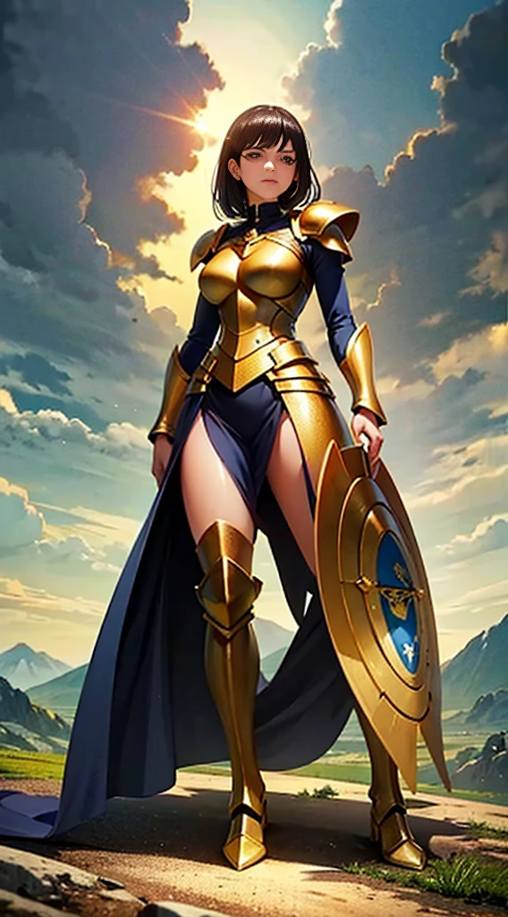 Create a high-quality image of a woman wearing full-body golden armor. She is depicted in a majestic pose, proudly standing amidst a grandiose backdrop. Her armor gleams with the brightness of gold, reflecting the sunlight streaming through the clouds. Her hair cascades over her shoulders, framing her determined and confident face. In her hands, she holds a sword or shield, ready to defend her cause with bravery. In the background, an epic landscape of towering mountains and a vast, infinite sky. This woman is a vision of power and nobility, a fearless leader ready to face any challenge that comes her way.