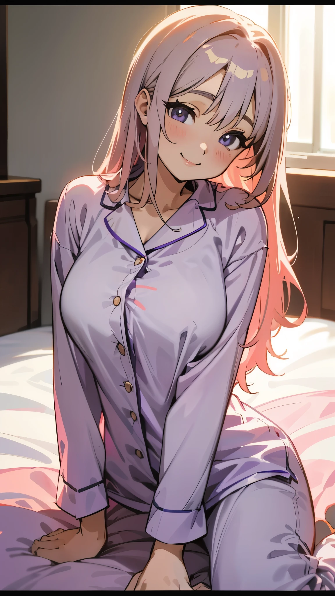 18-year-old girl sitting on bed、alone、Anime style painting、Wearing pajamas、beautiful purple beautiful eyes, Light khaki long hair, Big and ample breasts、smile、smile、The soft texture of pajamas、Upper body close-up、Colors based on pink and white、Background Blur、Depth of the drawn border