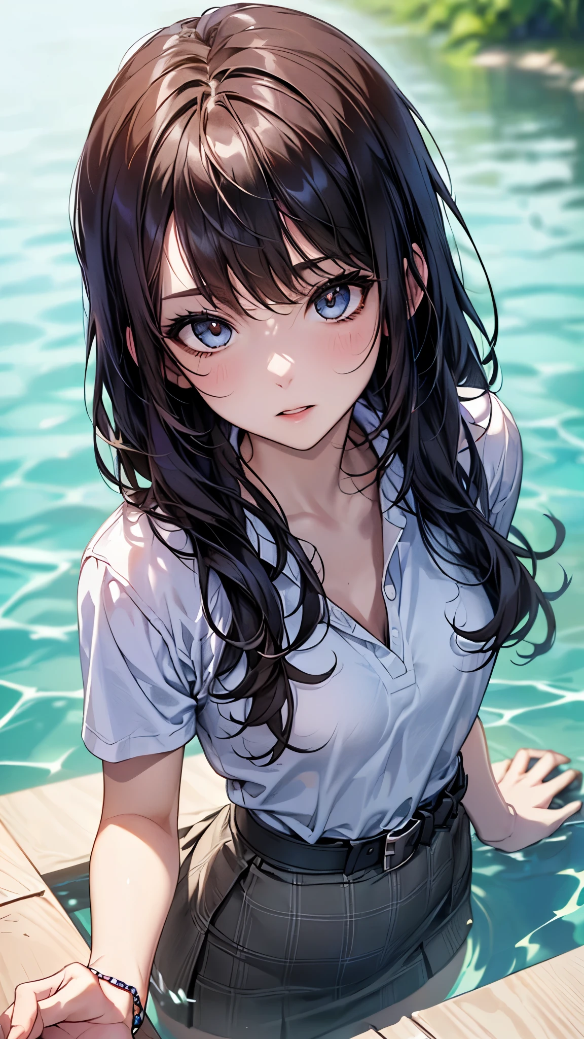 ((Biologically correct limb count))、(( whole body including face))、4K、Masterpiece、((Focus on the face))、((Symmetrical, well-proportioned facial features))、Eyes with delicate depictions、(((1 person)))、Beautiful woman、Outstanding style、Slender Body、(High heels with anklets、Shiny Stockings)、(((shirt、Checked skirt)))、(((White belt photo)))、((Looking up))、Shy、(((Riverside、Stand on the surface of the water)))、(((Close-up photo of the upper body)))、High angle、night、