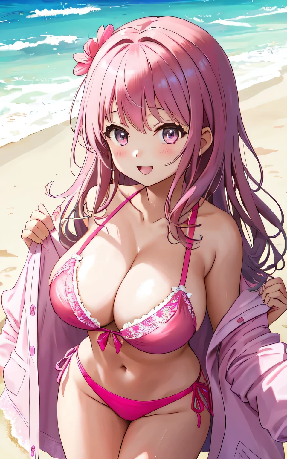 A 6--old l with big breasts in a pink lace bikini swimsuit on the beach