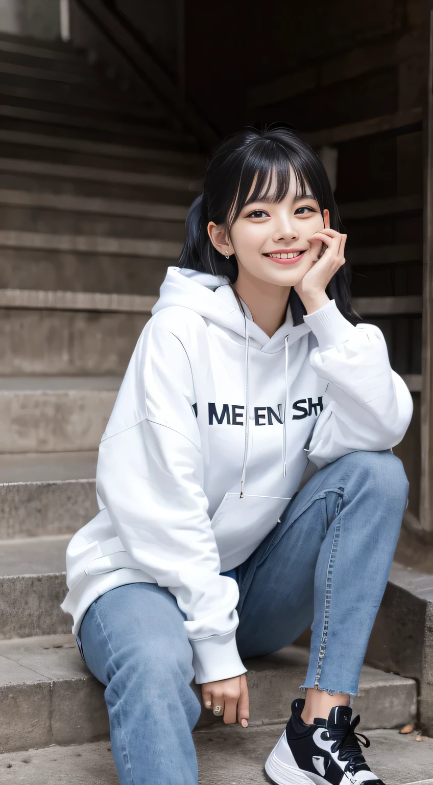 highest quality, Realistic, Very detailed, Finer details, High resolution, 8k wallpaper, One beautiful woman,Sit on the stairs、(Wear black socks)smile、(Beautiful teeth alignment、)(Gums are visible) Oversized hoodie, Skinny jeans,( Black sneakers)、Black Hair、 Beautiful Bangs、ear piercing、Perfect dynamic composition, Beautiful and detailed, Full Body Shot, A big smile