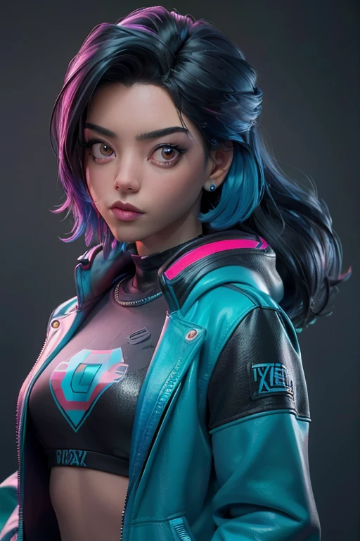 ((mejor calidad)), ((Obra maestra)), ((realista)) and ultra-detailed pcalienteography of a 1nerdy girl with goth and neon colors. ella tiene ((pelo turquesa)), Lleva un (superior technical jacket) y un (tanga negro con patrones rojos) , ((beautiful y unesthetic)), sexy, debajo de los senos, caliente