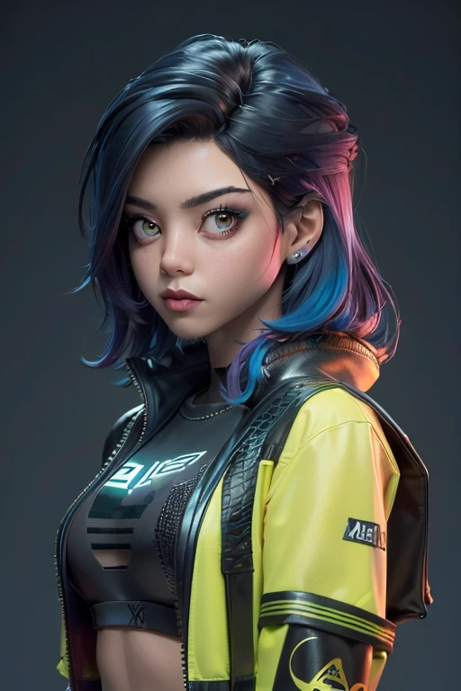 ((mejor calidad)), ((Obra maestra)), ((realista)) and ultra-detailed pcalienteography of a 1nerdy girl with goth and neon colors. ella tiene ((pelo turquesa)), Lleva un (superior technical jacket) y un (tanga negro con patrones rojos) , ((beautiful y unesthetic)), sexy, debajo de los senos, caliente