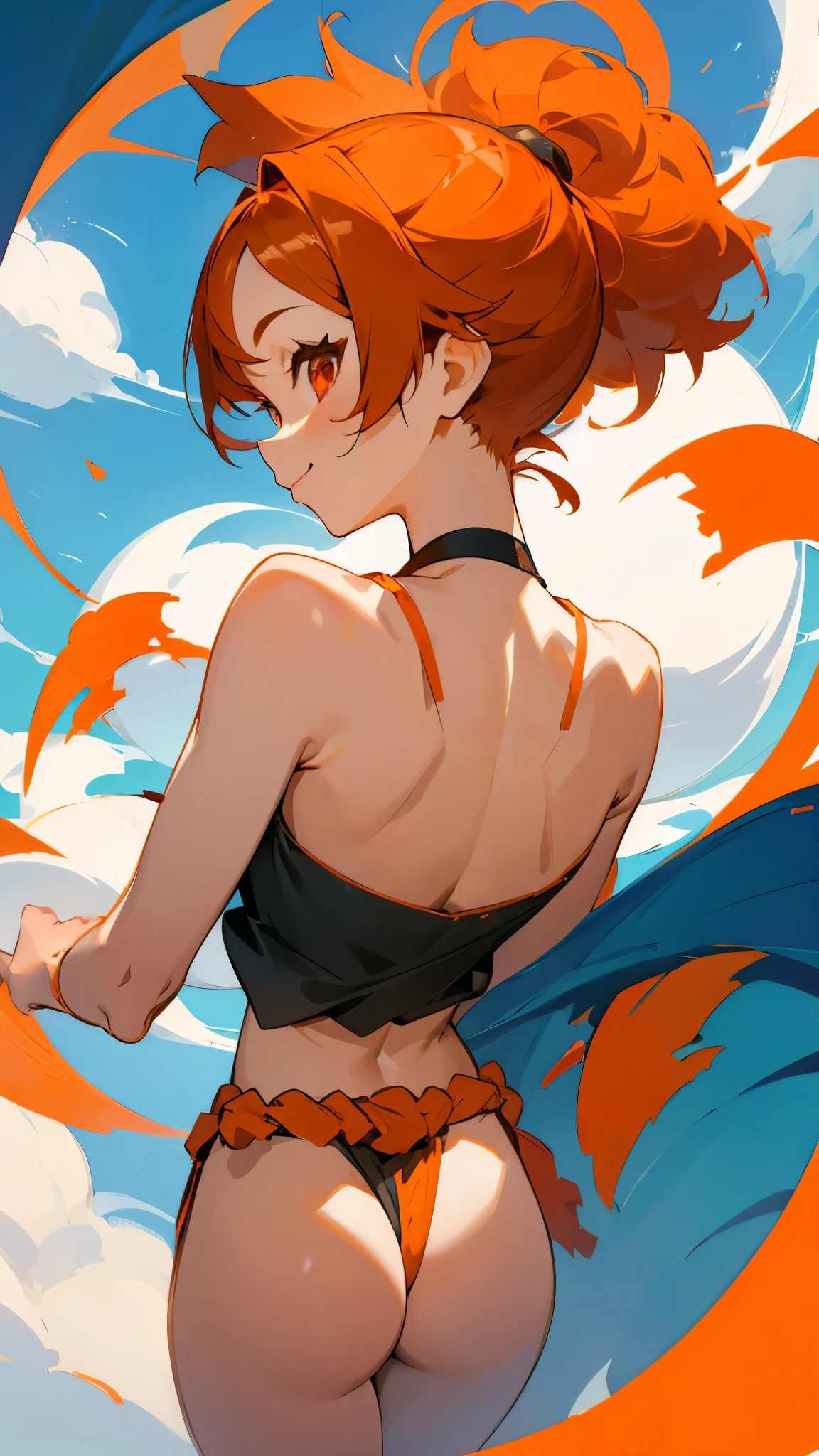 Anime style painting、1 girl、From behind、Orange Hair、ponytail、Round red eyes、short hair、camisole、Loincloth、smile