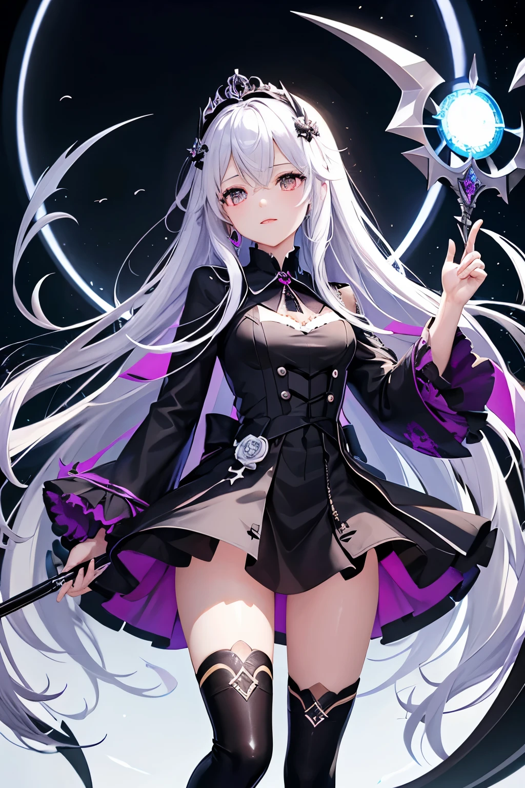 （（（highest quality、first-class、masterpiece、Normal body、8k、Detailed face、Ultra-precision、Normal hand、Normal finger、５Finger、）））Silver Hair、Princess、Black Dress、Black Skirt、Ridiculous Costumes、Shiny Tiara、Metal Boots、Death Scythe、Dark Scythe、Grim Reaper、grim Reaper、Colorful Magic Light、magic cirlcle、Order and Chaoyth、The void