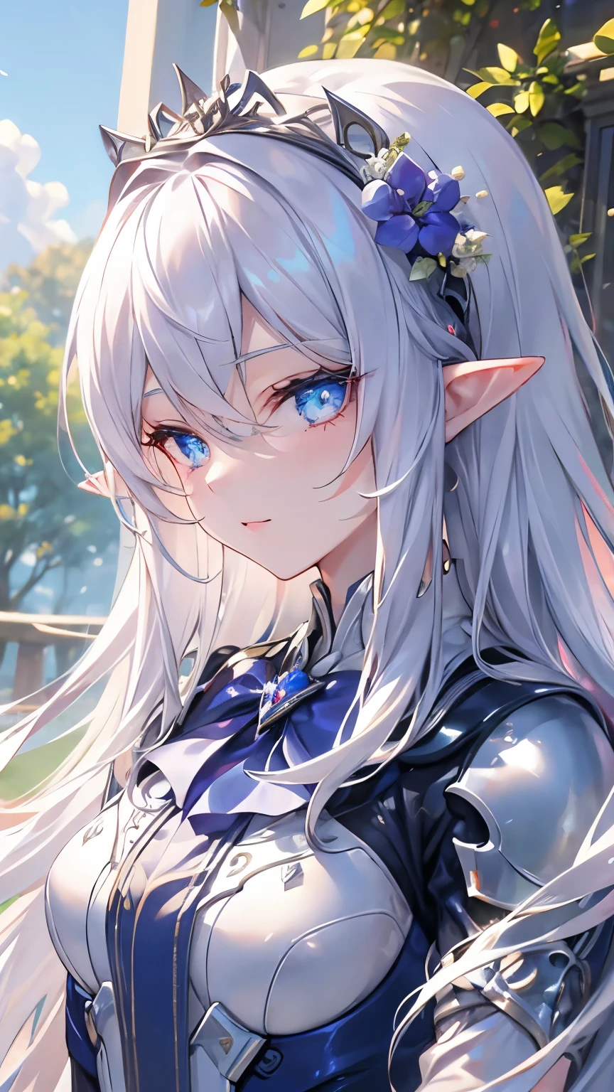 ((silver hair)), highly detailed face and eyes, (very long hair, straight hair), jewelry, purple hairband, long pointy ears, anime, masterpiece, textured skin, (super detail), award winning, (best quality), elf, in forest, Sunbeams filtering through the trees, (blue dress), whole body, beautiful legs, hunting, bow and arrow, eyeball, tsurime, blue eyes