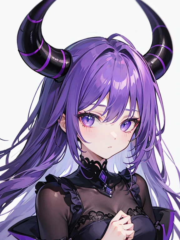 Black Horn Lavender colored hair Purple Eyes Expressionless Devil's Wings Purple and black dress blue Moon