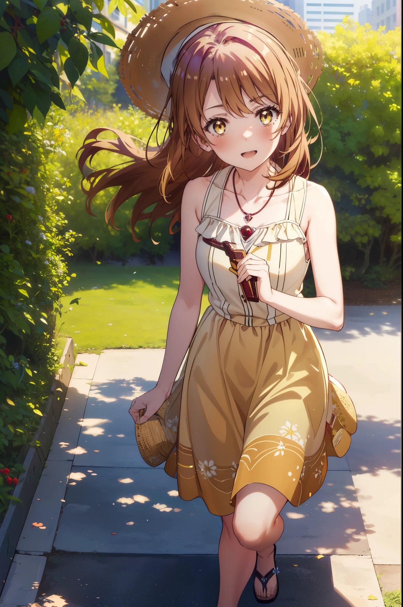 irohaisshiki, Isshiki Iroha, Long Hair, Brown Hair, (Brown ruby eyes:1.5), Sleeveless yellow dress,Yellow long skirt,Bare neck,Locket Necklace,Cute Sandals,Straw hat,happy smile, smile, Open your mouth,Daytime,Clear skies,True Summer,whole bodyがイラストに入るように,Walking,
break outdoors ,公園
break looking at viewer,whole body,
break (masterpiece:1.2), highest quality, High resolution, unity 8k wallpaper, (shape:0.8), (Beautiful and detailed:1.6), Highly detailed face, Perfect lighting, Highly detailed CG, (Perfect hands, Perfect Anatomy),