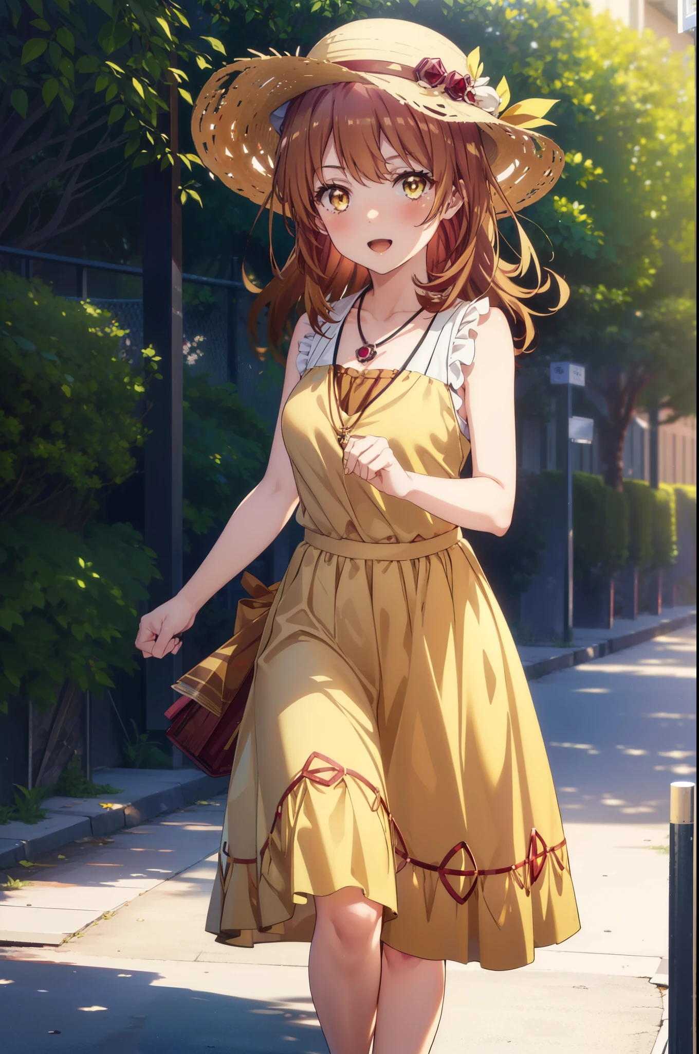 irohaisshiki, Isshiki Iroha, Long Hair, Brown Hair, (Brown ruby eyes:1.5), Sleeveless yellow dress,Yellow long skirt,Bare neck,Locket Necklace,Cute Sandals,Straw hat,happy smile, smile, Open your mouth,Daytime,Clear skies,True Summer,whole bodyがイラストに入るように,Walking,
break outdoors ,公園
break looking at viewer,whole body,
break (masterpiece:1.2), highest quality, High resolution, unity 8k wallpaper, (shape:0.8), (Beautiful and detailed:1.6), Highly detailed face, Perfect lighting, Highly detailed CG, (Perfect hands, Perfect Anatomy),