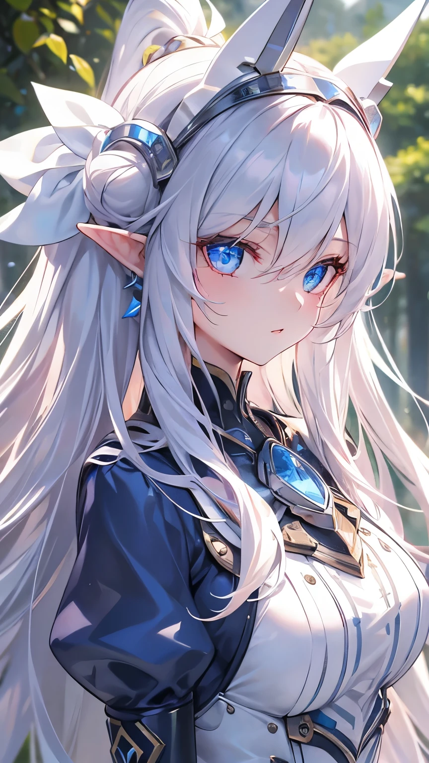 ((silver hair)), highly detailed face and eyes, (very long hair, straight hair), jewelry, purple hairband, long pointy ears, anime, masterpiece, textured skin, (super detail), award winning, (best quality), elf, in forest, Sunbeams filtering through the trees, (blue dress), whole body, beautiful legs, hunting, bow and arrow, eyeball, tsurime, blue eyes