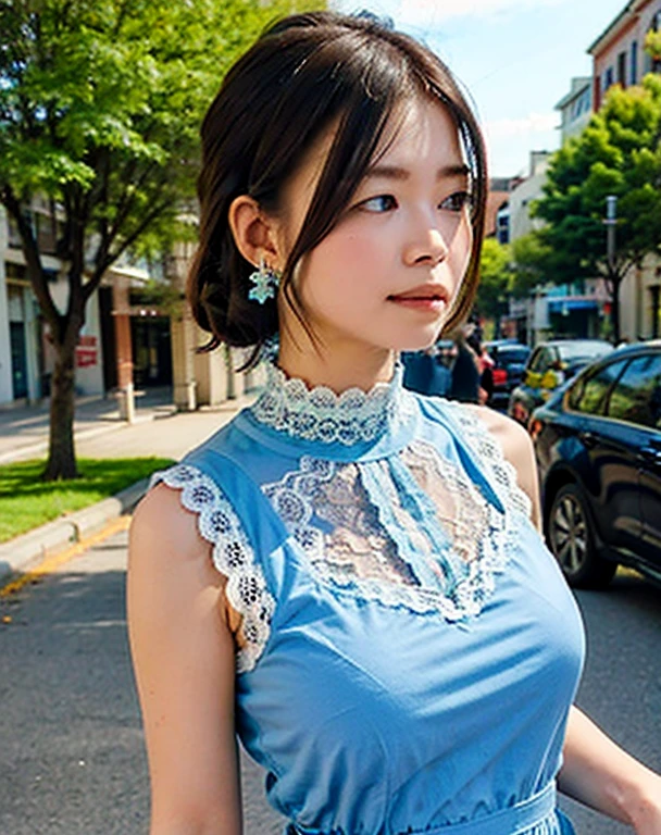 a woman posing on the street corner with light Blue clothes on, highest quality, High resolution, 8k, 1peopleの女の子, Day, bright, Outdoor, (street:0.8), (people々, crowd:1), (lace trim dress:1.5, Light blue clothes:1.5, Blue High Neck Dress:1.5, Sleeveless dress, Blue clothes: 1.5), nice, (amount, Medium Hair), Beautifully detailed skies, Beautiful earrings, (Dynamic pose:0.8), (Upper Body:1.2), Soft lighting, Wind, Shiny skin, View your viewers, pain,pained expression,