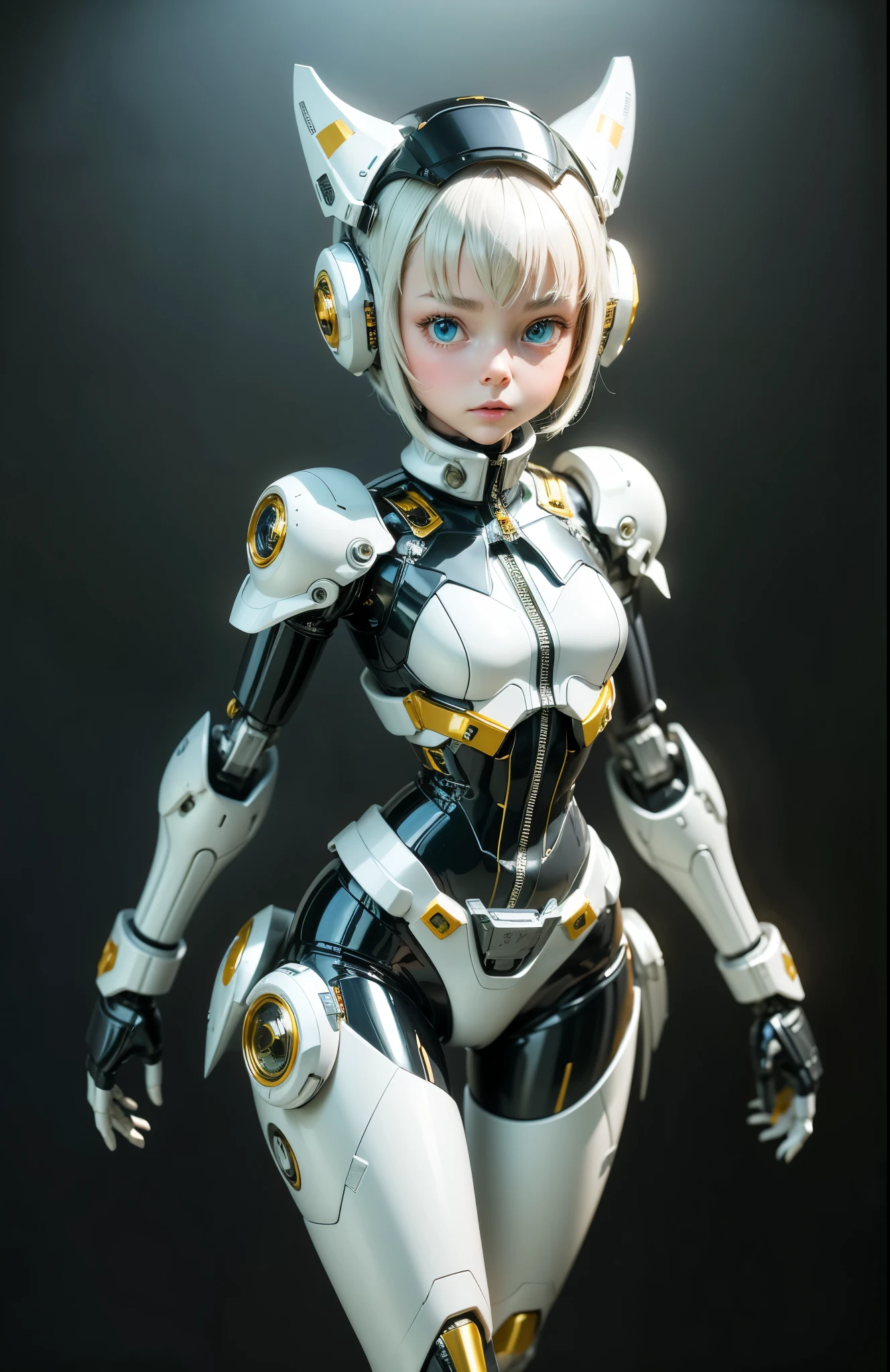 Very cute human 8  girl face, doll-like body with robot arm, robot waist and legs, very cute and feminine, short, , small, full hip, medium bust, tight-fitting white armor, cleavage, flat belly visible, helmet with antenna, robot joint, very stylish, Black rubber bodysuit with zipper
