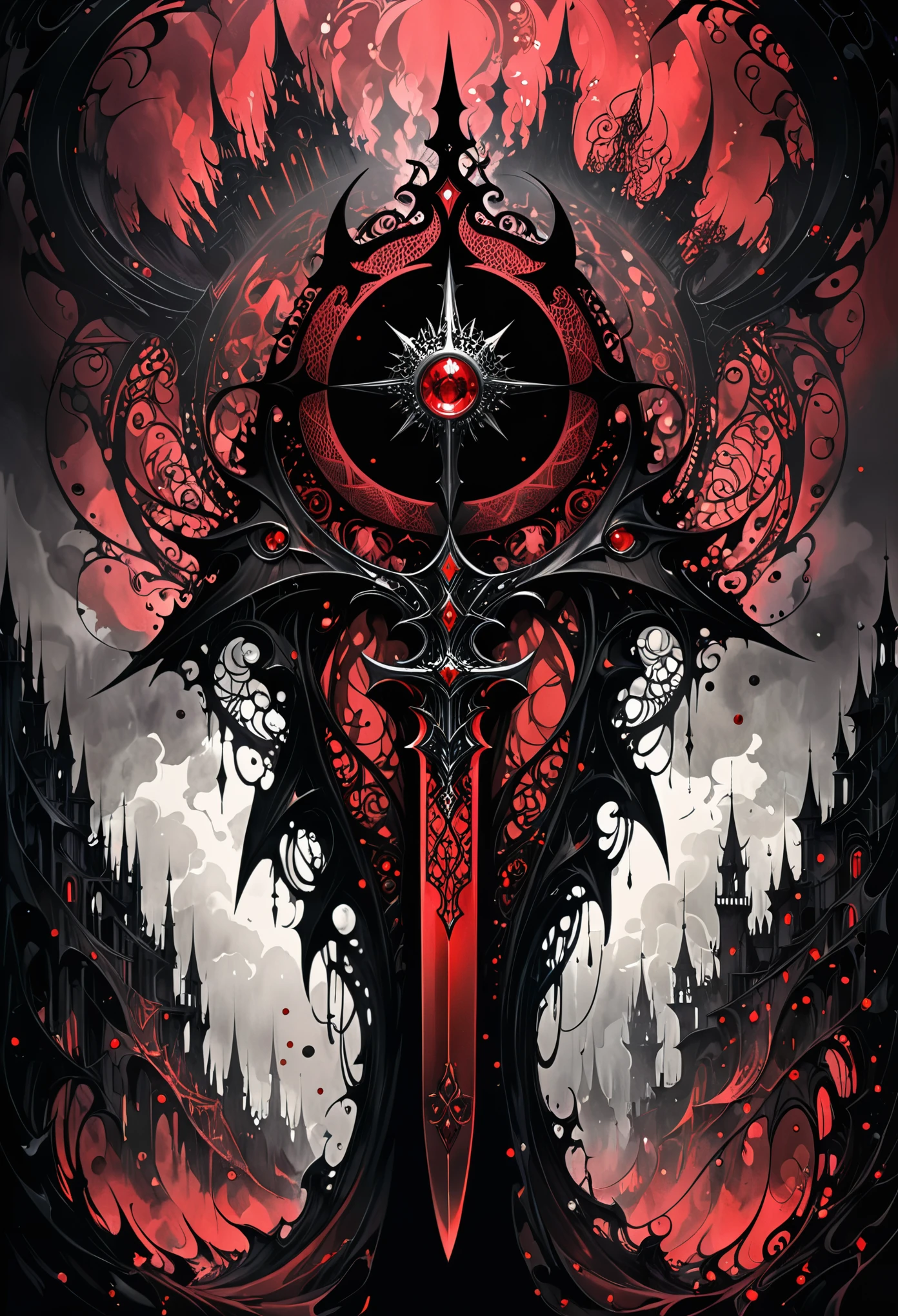 in style of Harry Clarke,(Mysterious Landscape),[suspenseful],Fantasy,Dark,shadowy,atmospheric,dark colors,(A miracle stone showing modern technological patterns),(demon crown:1.3),(heavy sword with a dangerous aura:1.2),(transformed by future technology:1.2),(red dark red color palette:1.2),(fractal art:0.9),