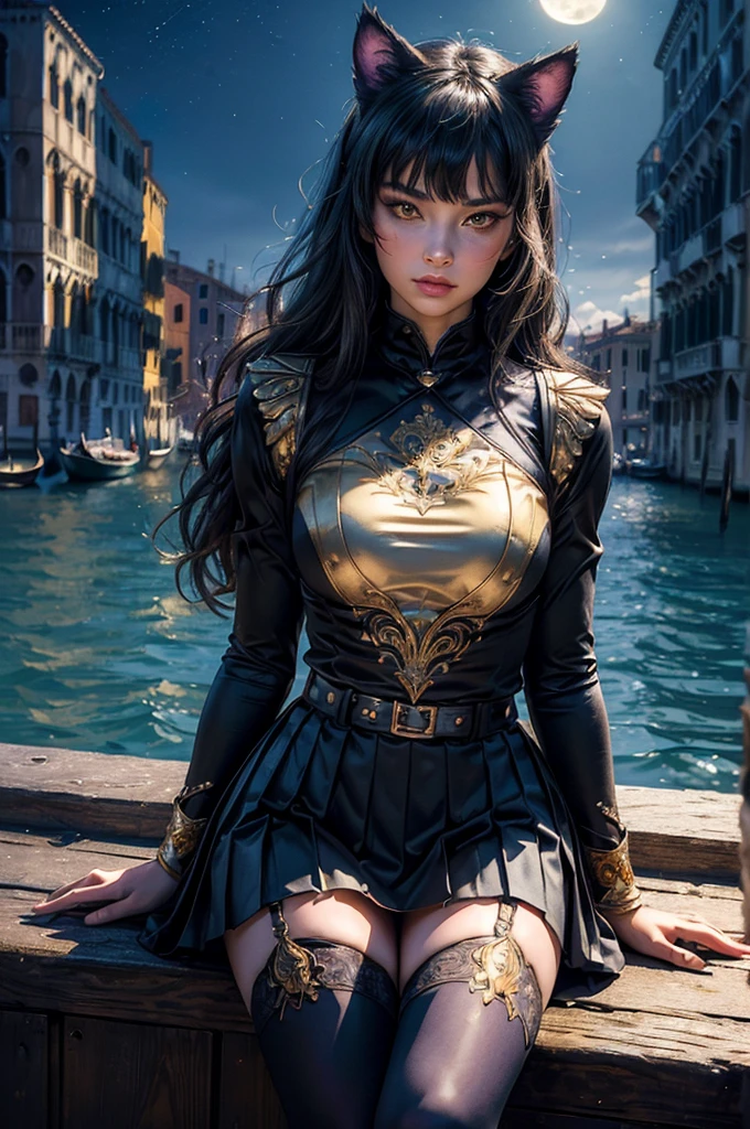 (masterpiece,stunning girlfriend, (standing:1.1), dynamic pose, heart shaped face, elegant face, beautiful face, highly detailed face, highly detailed skin, skin pores, subsurface scattering, realistic pupils, looking at viewer, full lips, detailed background, depth of field, atmospheric perspective, volumetric lighting, sharp focus, absurdres, realistic proportions, good anatomy, (realistic, hyperrealistic:1.4), 16k hdr, (masterpiece, best quality),  intricate details, 1girl,   blake_belladonna, gmuniform, pleated skirt, blue thighhighs,  black and gold uniform, sitting in gondola, venice, italy, night, stars, moon