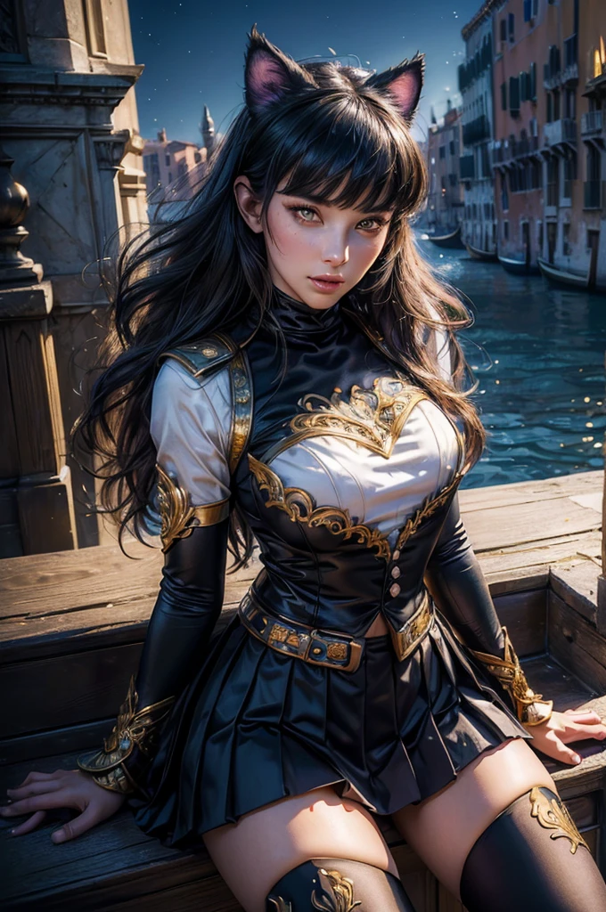 (masterpiece,stunning girlfriend, (standing:1.1), dynamic pose, heart shaped face, elegant face, beautiful face, highly detailed face, highly detailed skin, skin pores, subsurface scattering, realistic pupils, looking at viewer, full lips, detailed background, depth of field, atmospheric perspective, volumetric lighting, sharp focus, absurdres, realistic proportions, good anatomy, (realistic, hyperrealistic:1.4), 16k hdr, (masterpiece, best quality),  intricate details, 1girl,   blake_belladonna, gmuniform, pleated skirt, blue thighhighs,  black and gold uniform, sitting in gondola, venice, italy, night, stars, moon