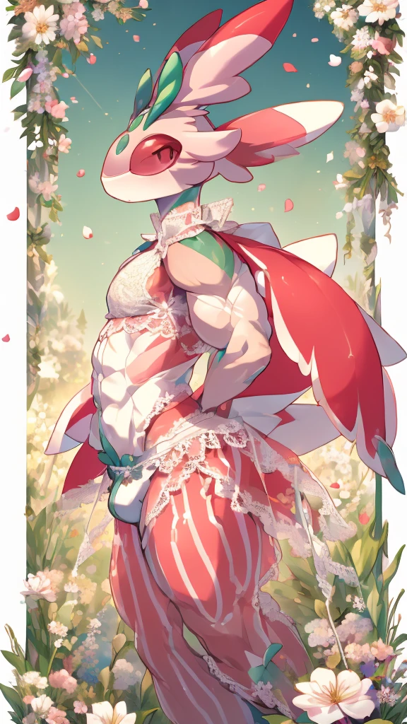 one person、male、maleの体格、lurantis(pokemon)、masterpiece、highest quality、(((Revealing white lace underwear)))、bra with ribbon、Grassland Background、Shy pose、Big ribbon on the waist、Idol costume with ribbons and frills、In the flower garden、Side view、Ass、turn around、Dance of Petals