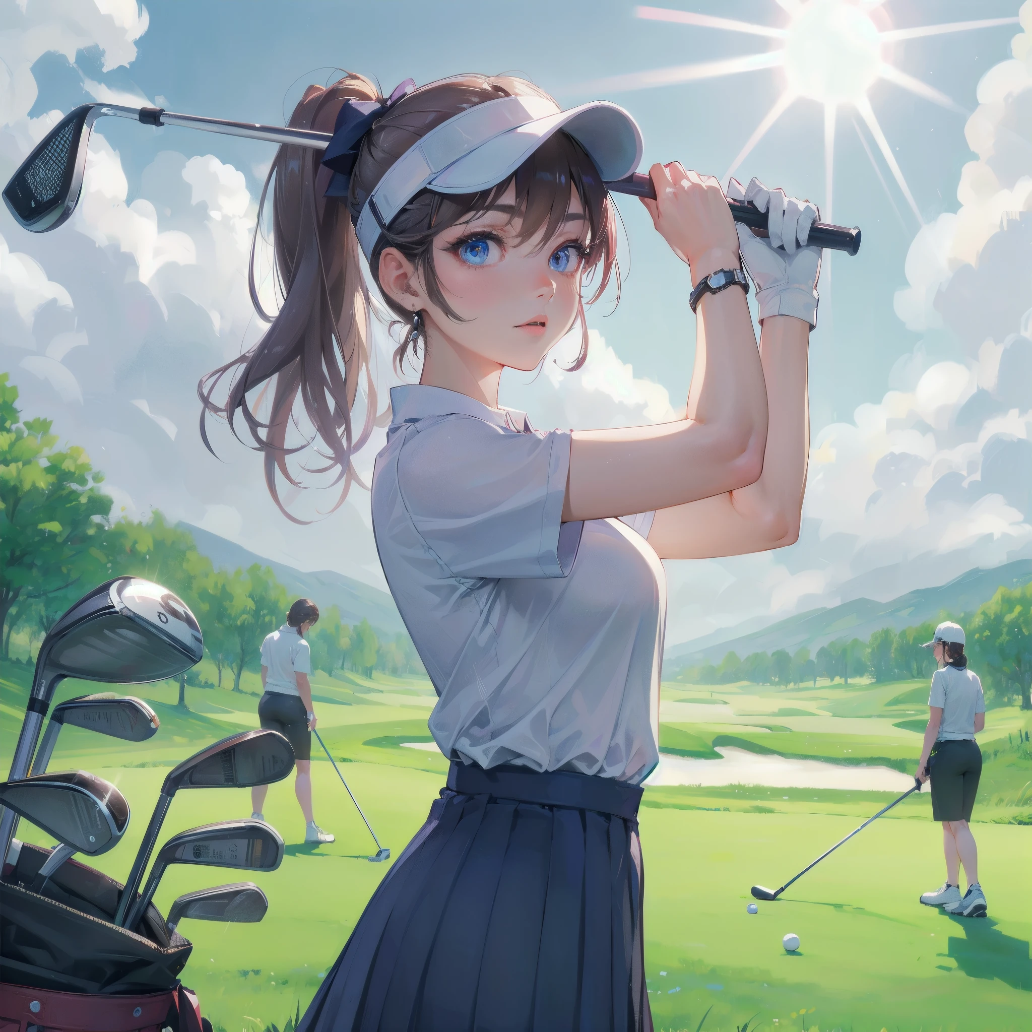 high quality,HD,16k,sharp lines,1 girl,Female golf athlete ,cute face, large breasts, nice legs,At the golf venue,focus girl,detailed beautiful face,detailed clothes,beautiful eyes,cool,dynamic angle