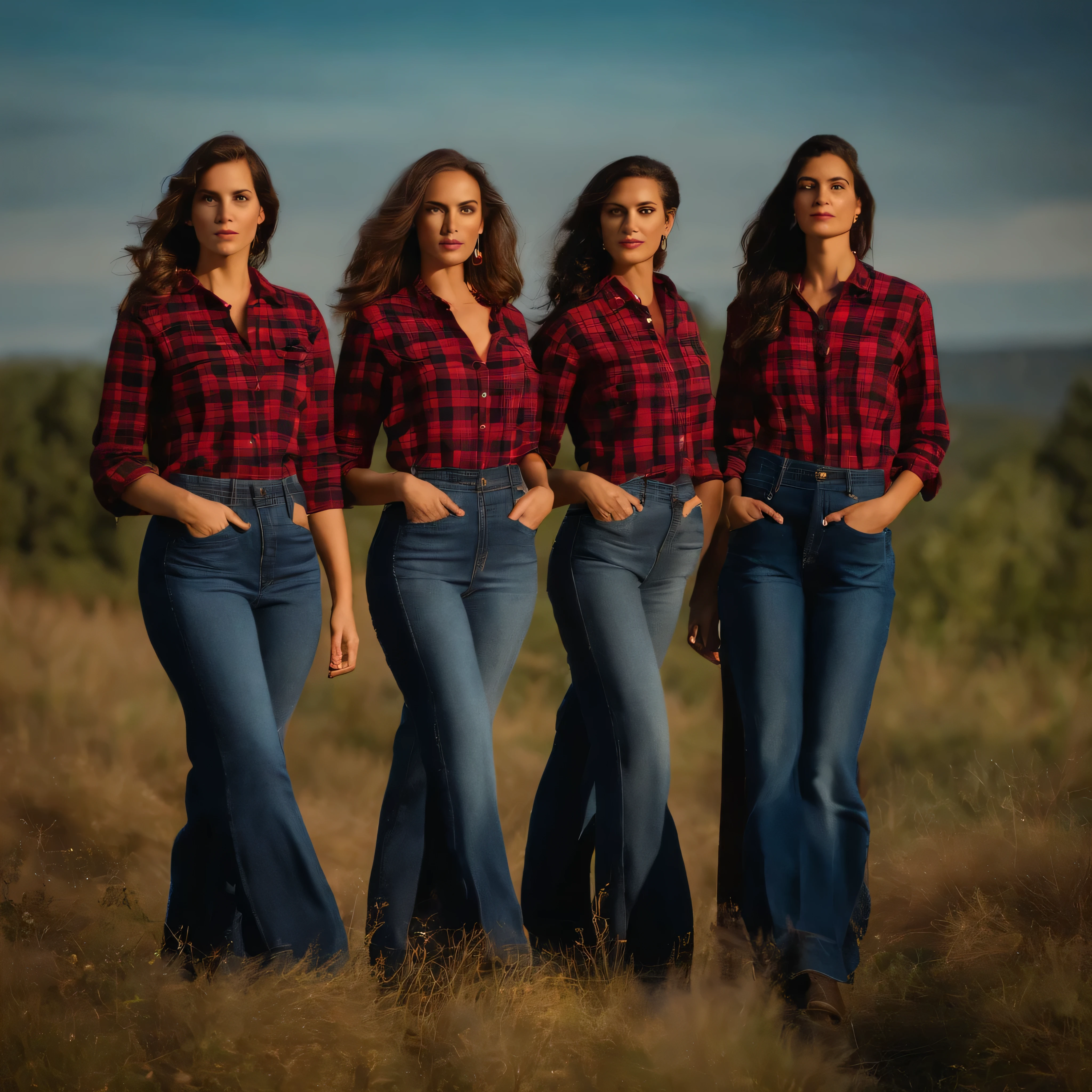 : A women standing in a row wearing flannel shirts, real faces, jeans trousers,Dress neatly and elegantly
