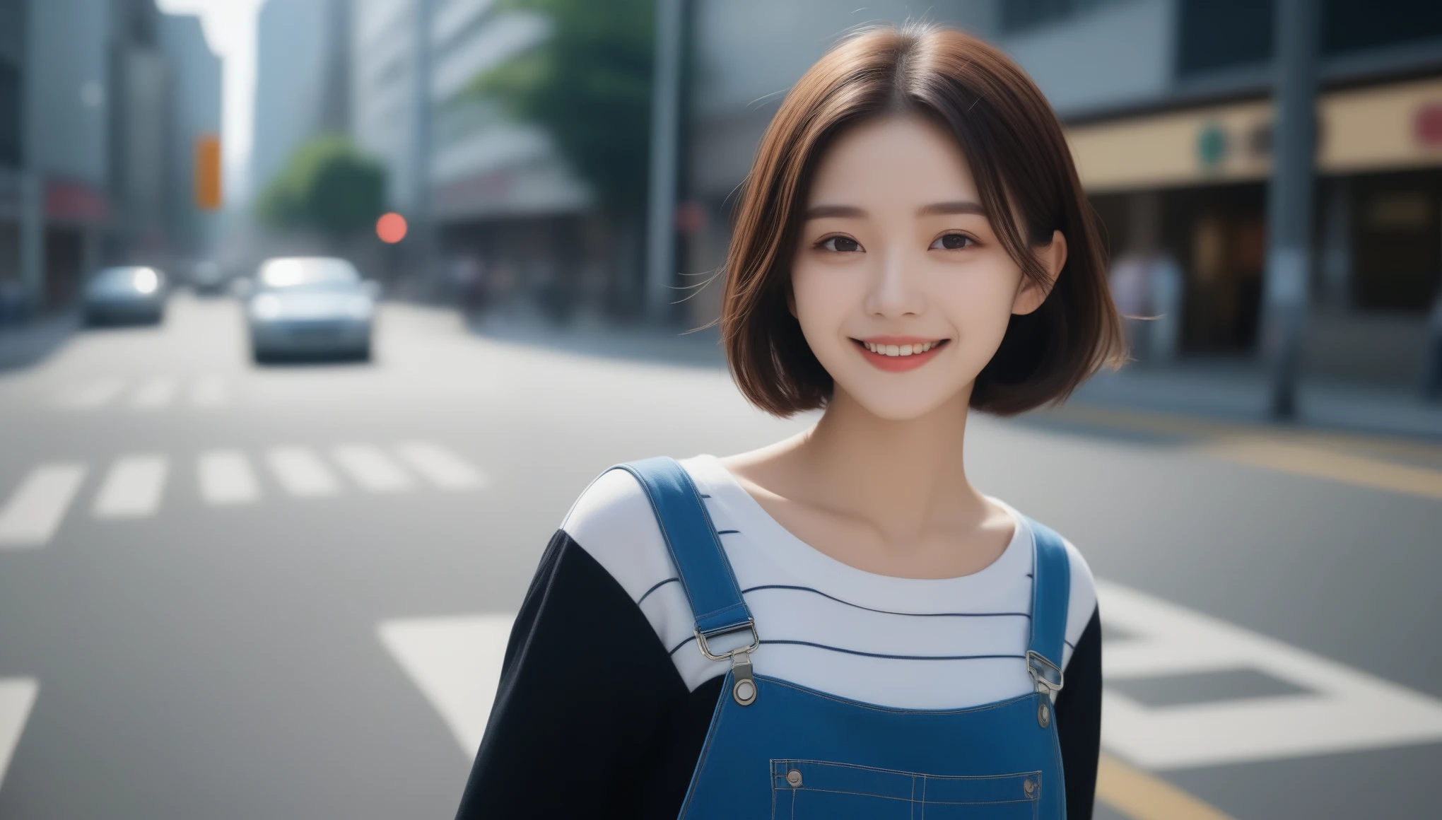 8K, Ultra-high resolution, highest quality, masterpiece, Surreal, photograph, 1 girl, (16 years old:1.3), pretty girl, Cute face, Beautiful eyes in every detail, Japan Female Announcer、Across the road 、pedestrian crossing,smile,Overalls,sneakers,Short Bob,Look at the audience、beauty,Long neck、Smile a little、Please close your mouth and laugh、(((Ideal body proportions))),A cup small breasts :2,Portraiture:2、Perfect Anatomy、Vivid details、detailed、Surreal、Light and shadow,Strong light,Fashion magazine cover,Thin lips