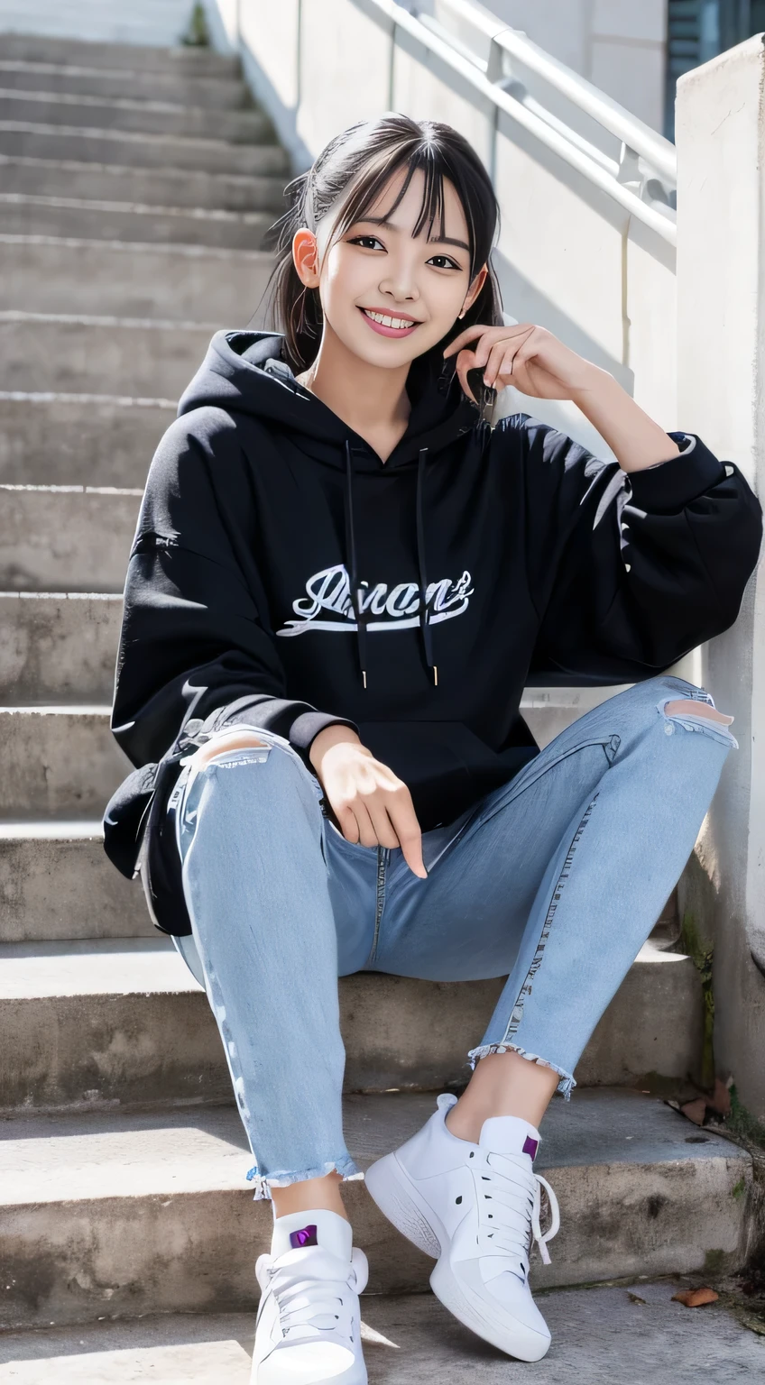 highest quality, Realistic, Very detailed, Finer details, High resolution, 8k wallpaper, One beautiful woman,Sit on the stairs、(Wear black socks)smile、(Beautiful teeth alignment、)(Gums are visible) Oversized hoodie, Skinny jeans,( Black sneakers)、Black Hair、 Beautiful Bangs、ear piercing、Perfect dynamic composition, Beautiful and detailed, Full Body Shot, A big smile