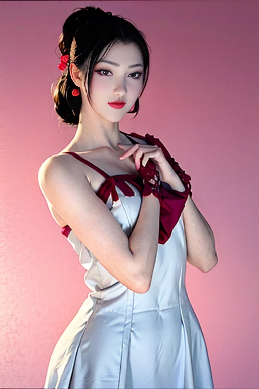 Narrow eyes, 1 girl, all white, expressionless, bob, bob, forehead, relief, black hair, bob, solo, cowgirl, transparent one-piece, ((extremely voluptuous breasts)), narrow slit eyes, black eyes, sparkling light eyes , black hair, gloves, dress, luxurious jewelry, earrings, piercing eyes, elbow grooves, hands raised and hair tied back, random color, random color mesh dress, long eye makeup, narrow eyes, smile, lipstick, intricate petals Pattern, rim light, backlight, pastel color, studio lighting, half body